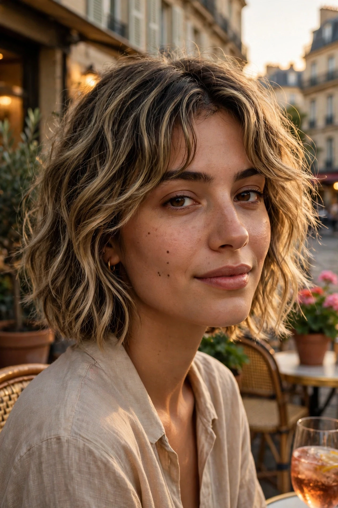 Shaggy french bob with curtain bangs parted in the middle
