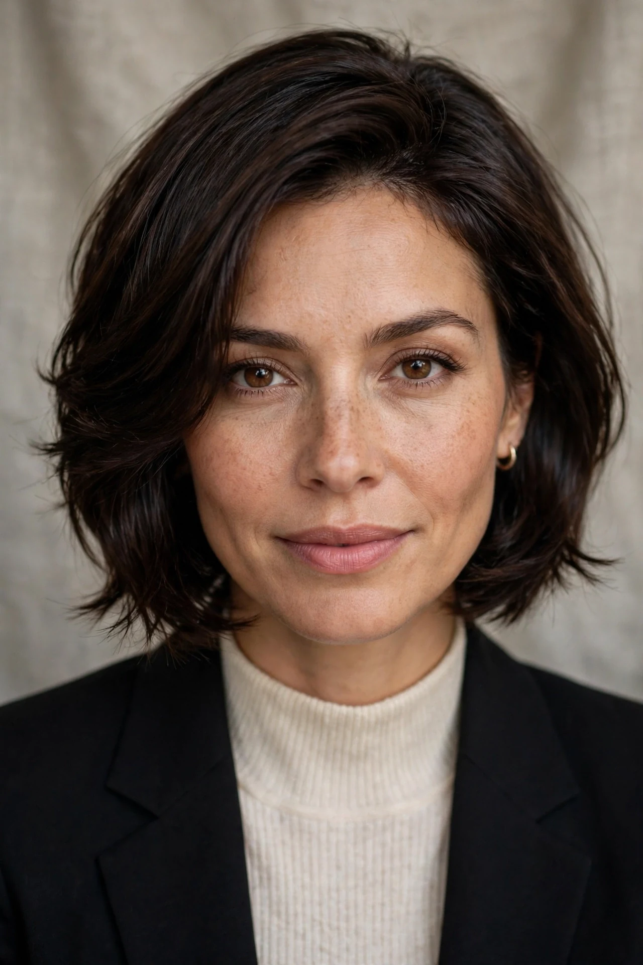 Glossy dark brunette shaggy french bob with polished texture