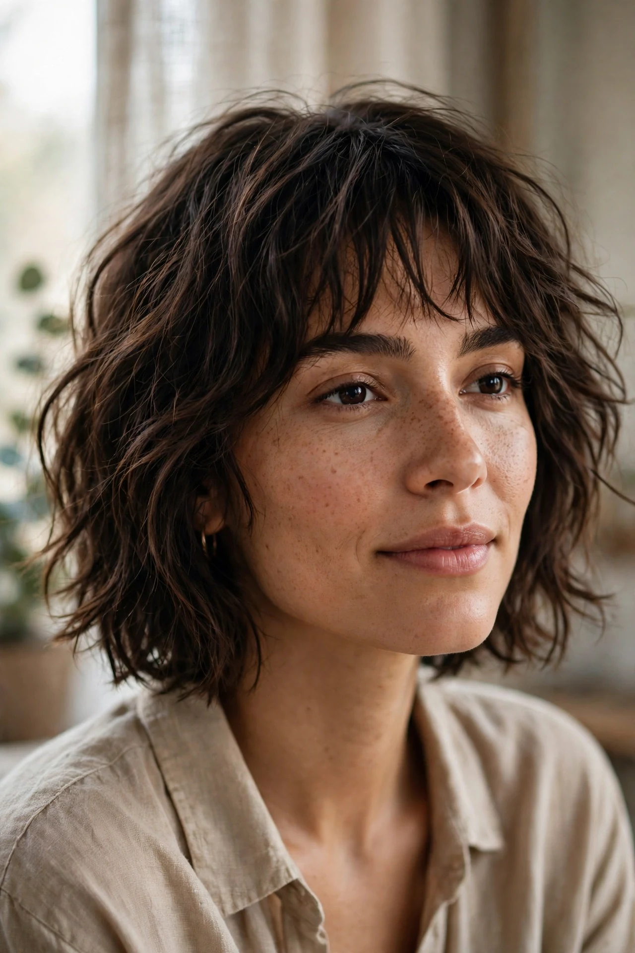 Shaggy french bob with choppy layers and wispy bangs on a woman with natural texture