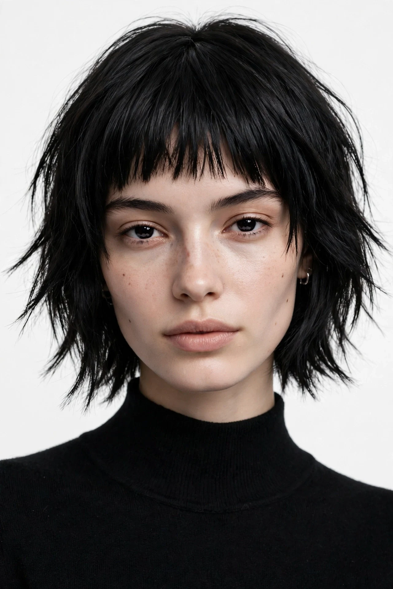 Shaggy french bob with a short micro fringe and choppy texture