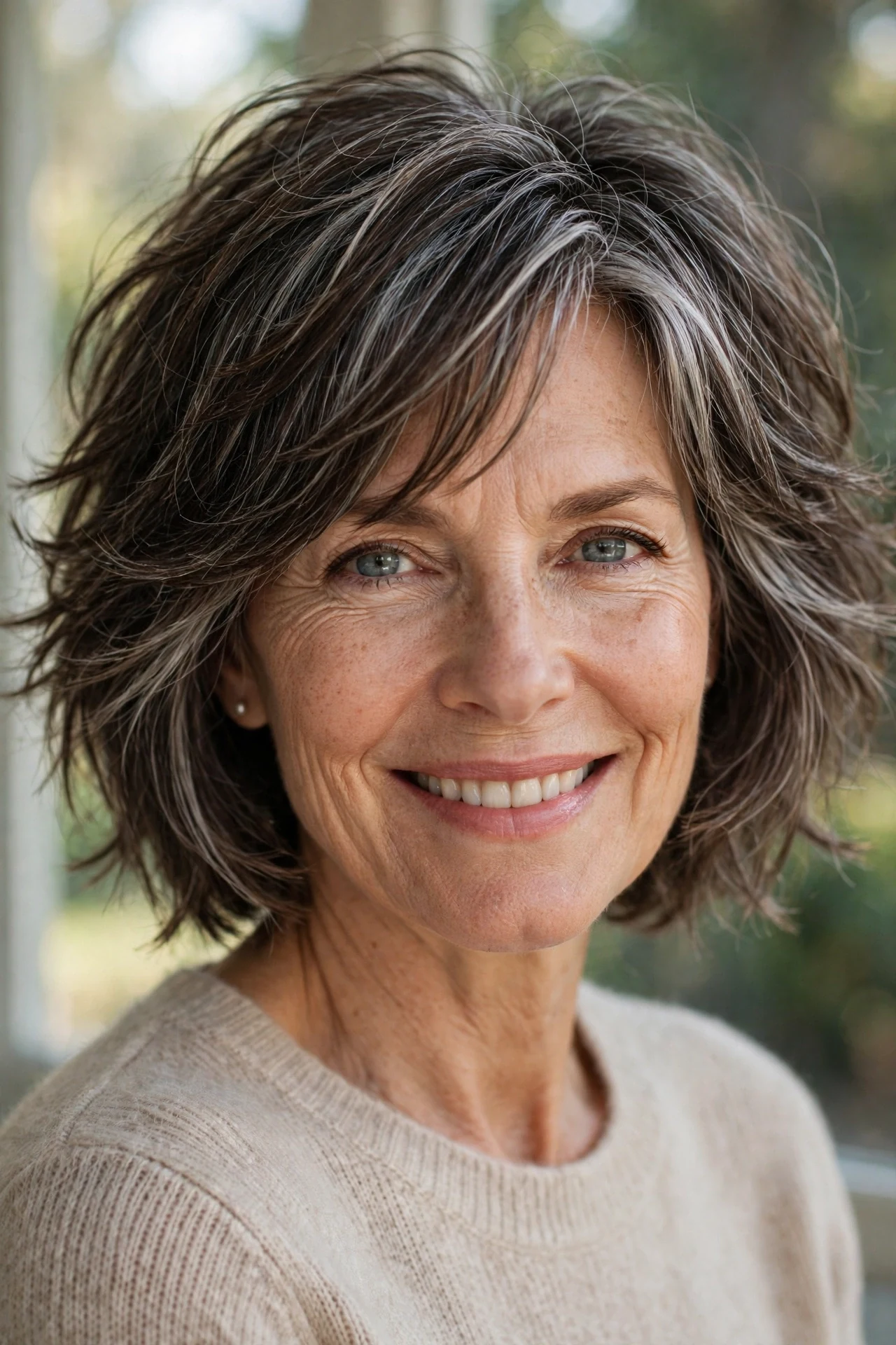 Flattering shaggy french bob on a woman over 50 with soft layers