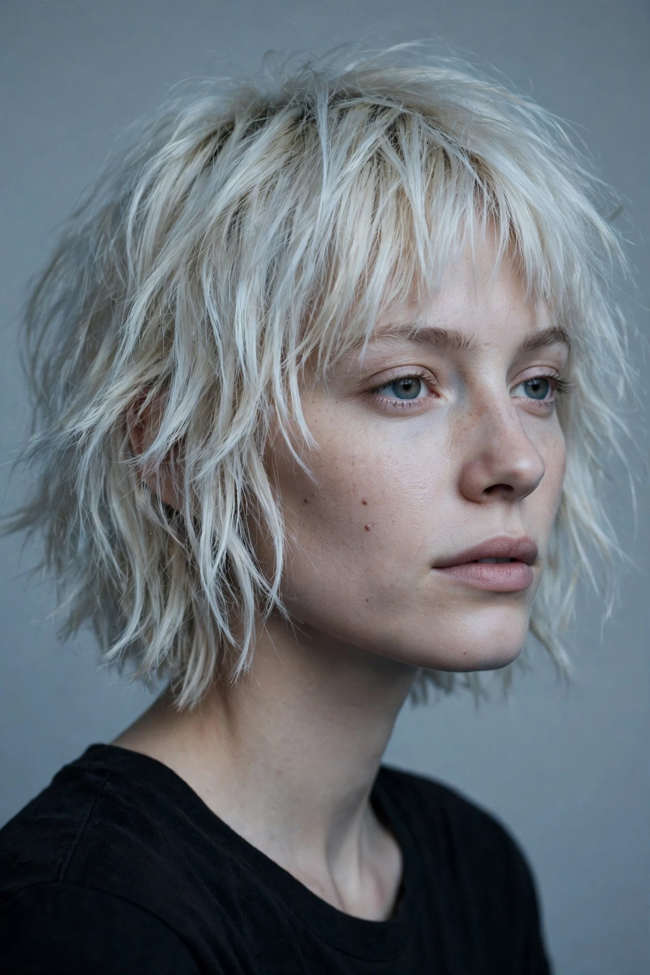 Platinum blonde shaggy french bob with lived in texture
