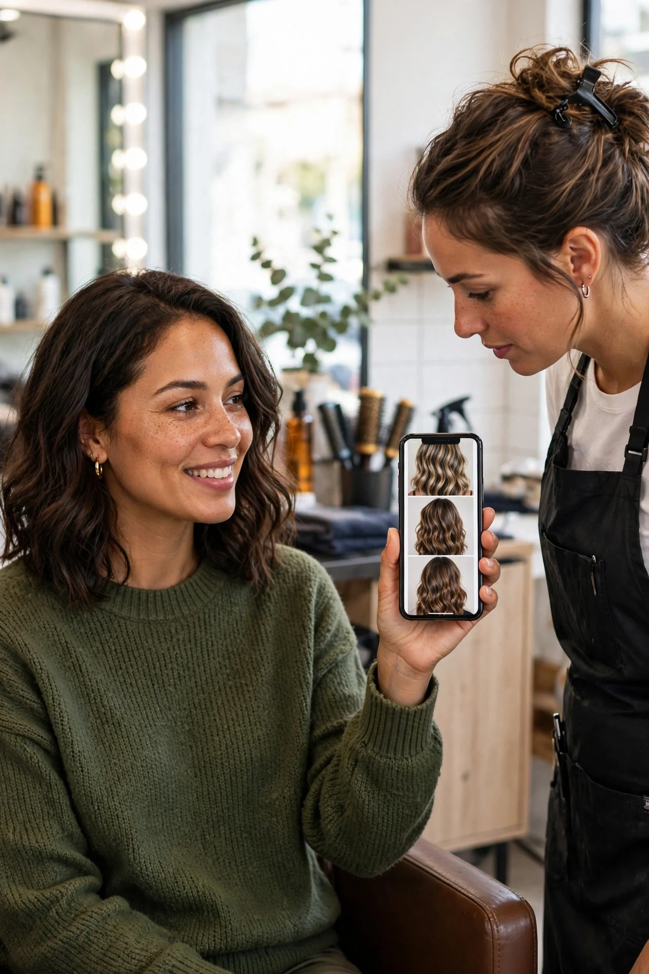 Woman showing reference photos to her hairstylist for a shaggy french bob