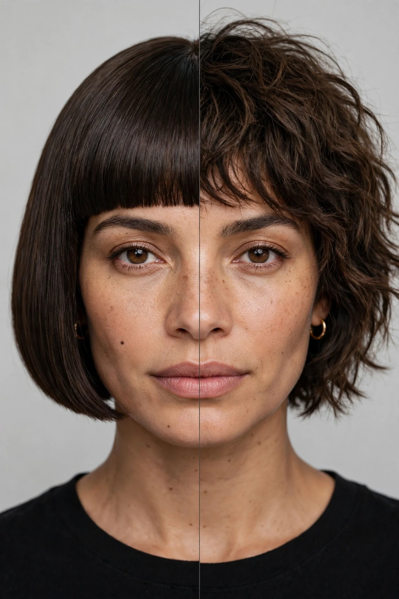 Side by side comparison of shaggy french bob versus classic blunt french bob
