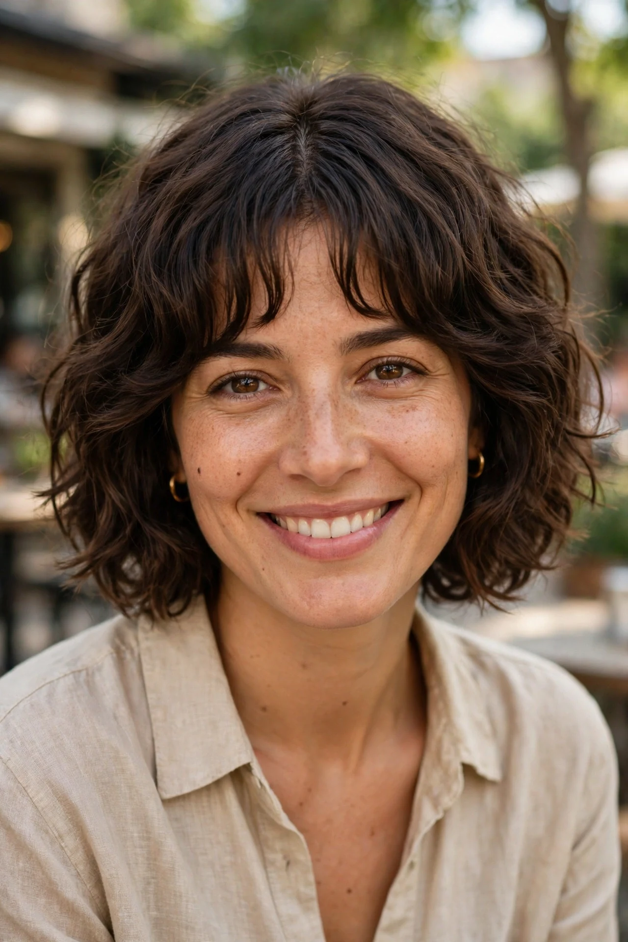 Smiling woman with oval face wearing a flattering shaggy french bob