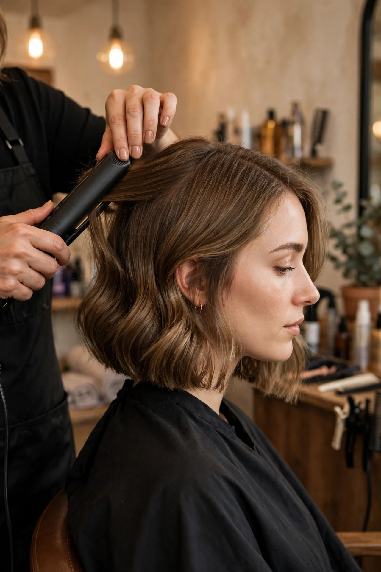 Stylist adding soft bends to a straight french bob straight hair with a flat iron