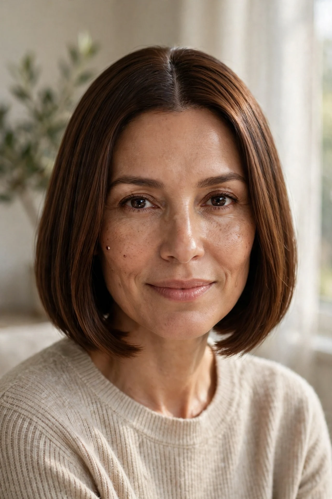 Center parted sleek french bob straight hair on a woman in her 40s
