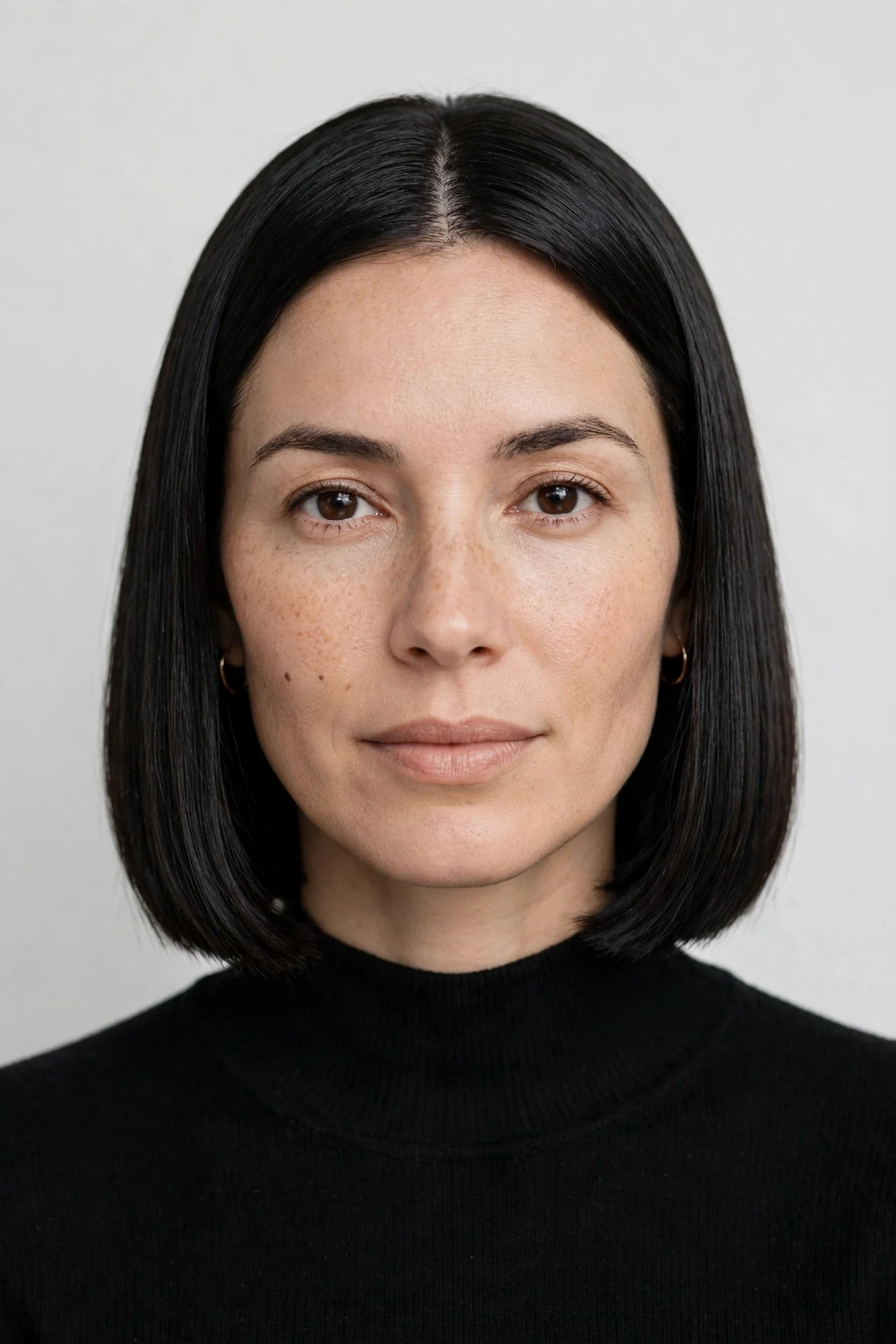 Blunt french bob straight hair with one length perimeter on a woman in her 30s