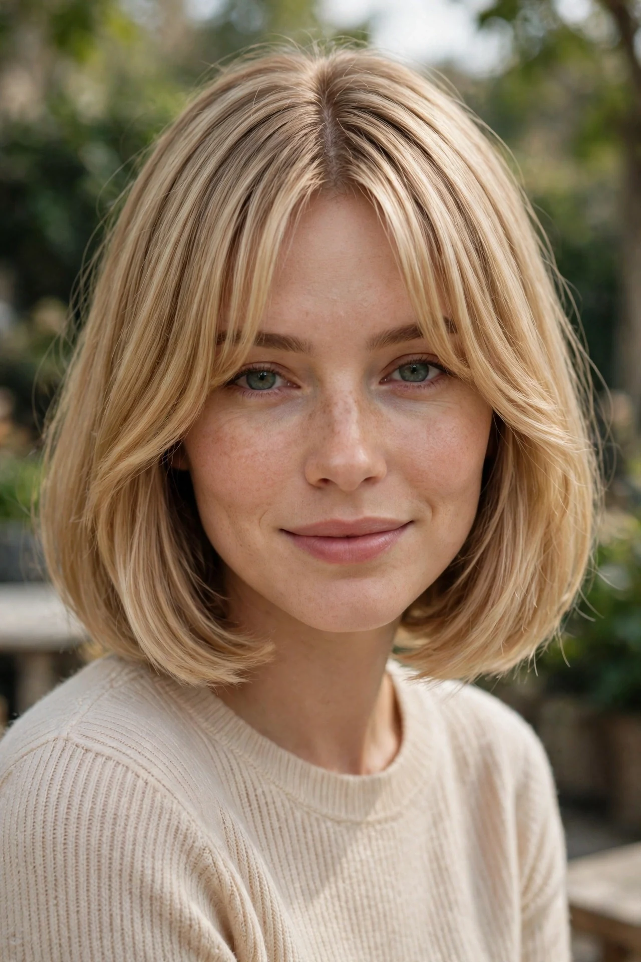 Straight french bob straight hair with parted curtain bangs