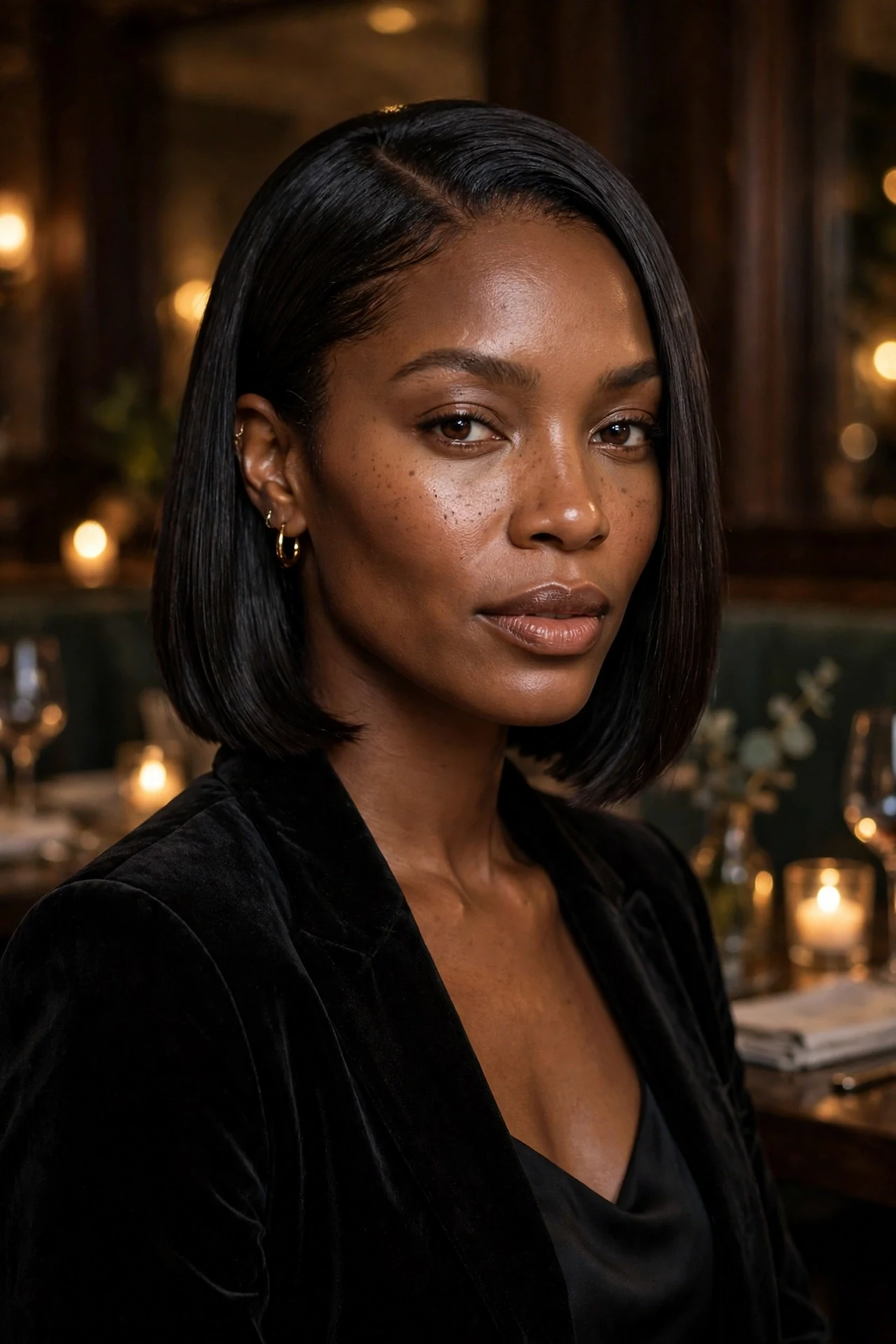 Glossy sleek french bob straight hair styled for evening on a woman in her 30s