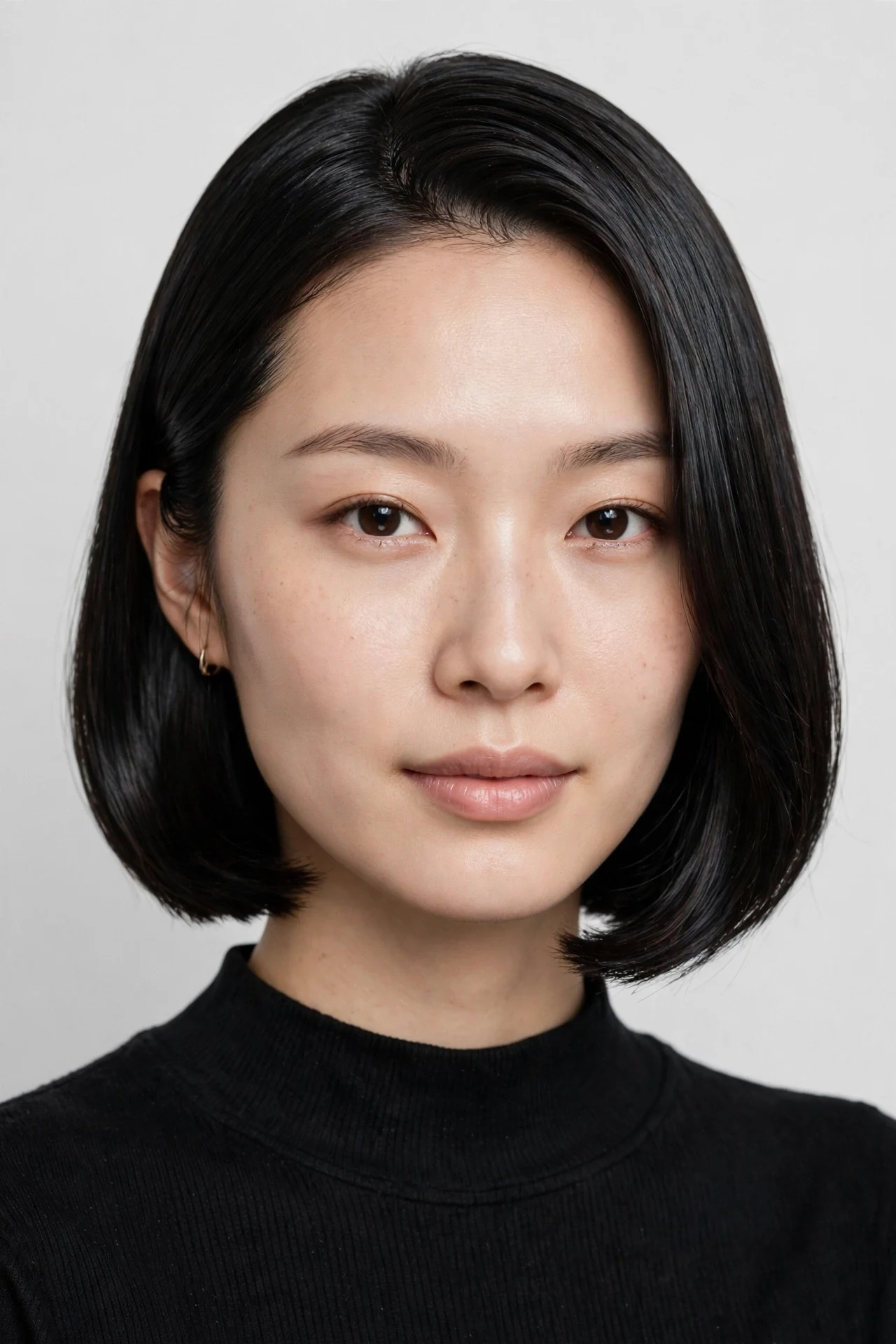 Glass hair french bob straight hair with mirror shine on an East Asian woman