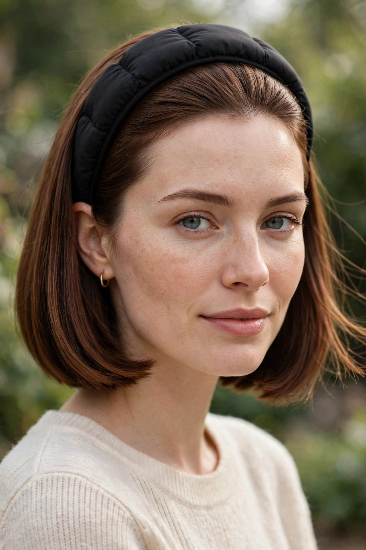 Straight french bob straight hair styled with a padded headband