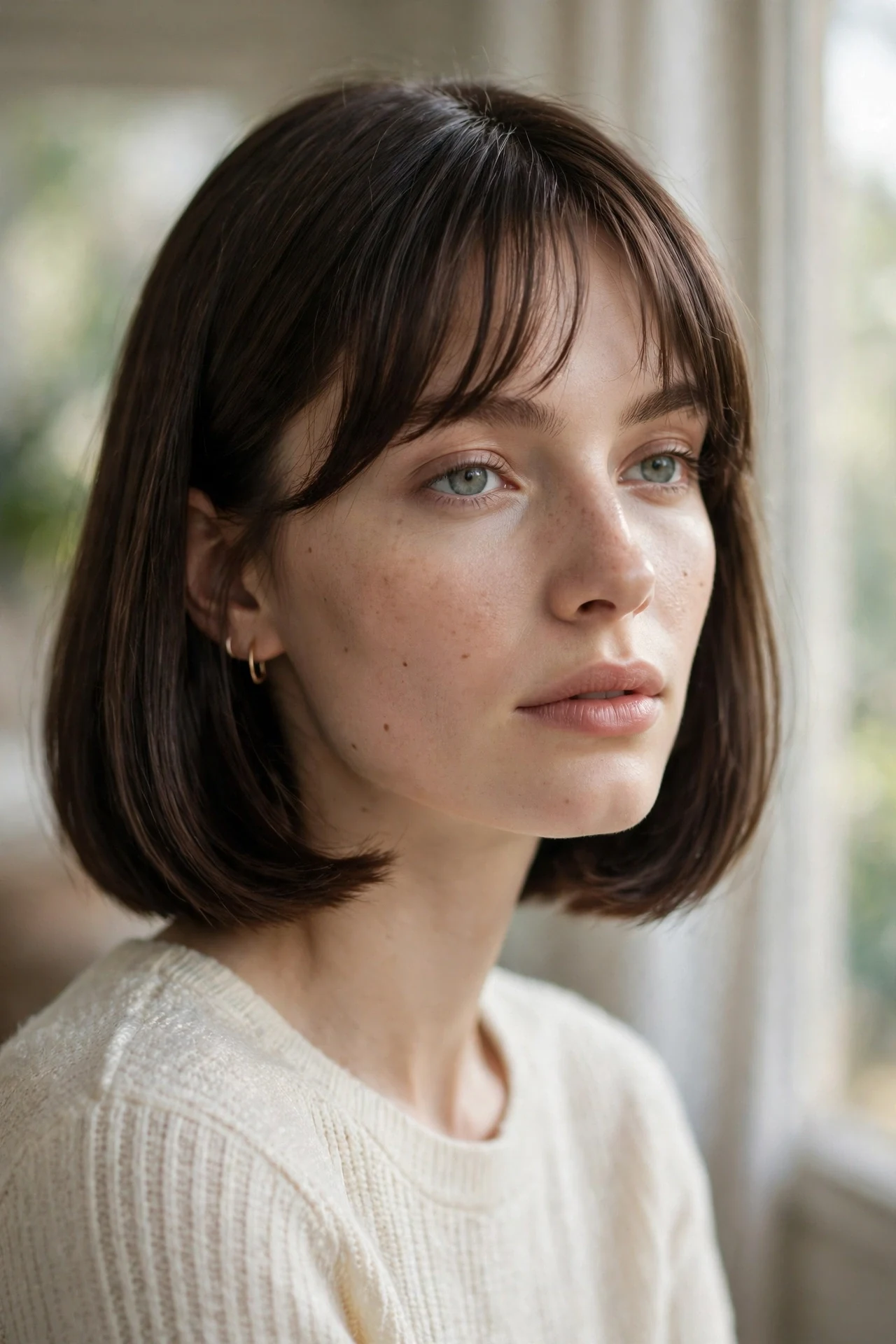 Classic french bob straight hair with blunt ends and wispy bangs on a young woman
