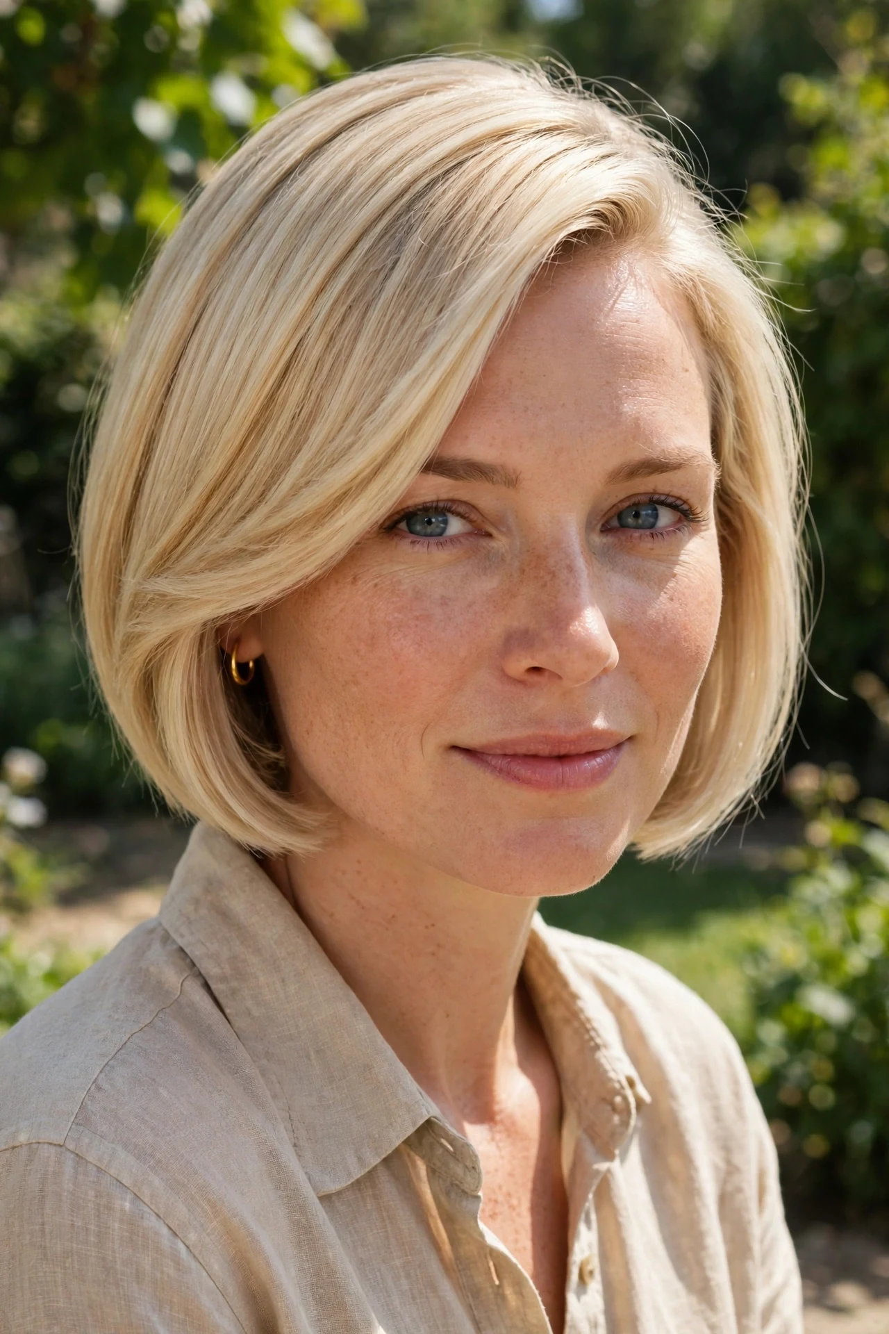 One length jaw length french bob straight hair on a blonde woman