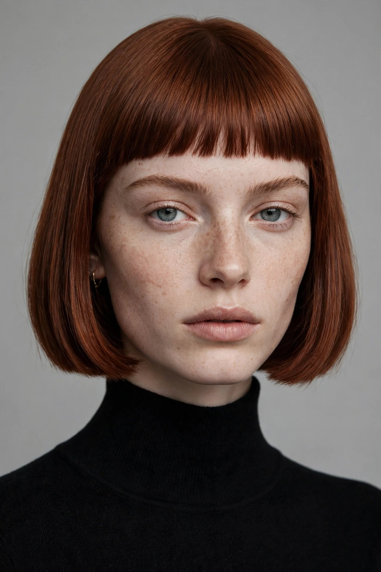 French bob straight hair with micro bangs above the eyebrows