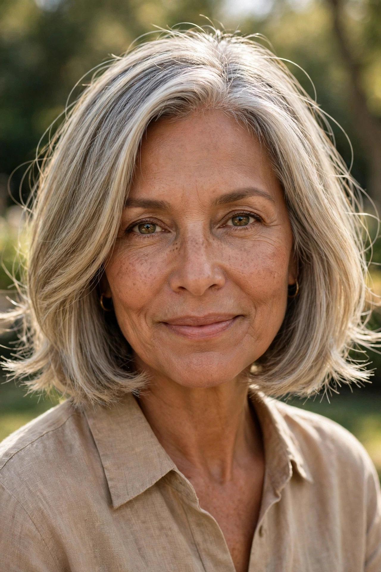 French bob straight hair with softly point cut ends on a woman in her 50s