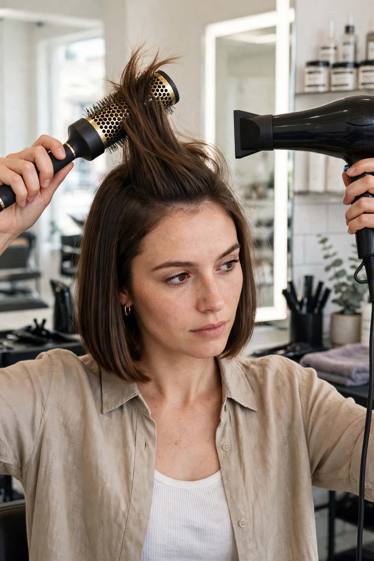 Blow drying roots upward for volume in a straight french bob straight hair