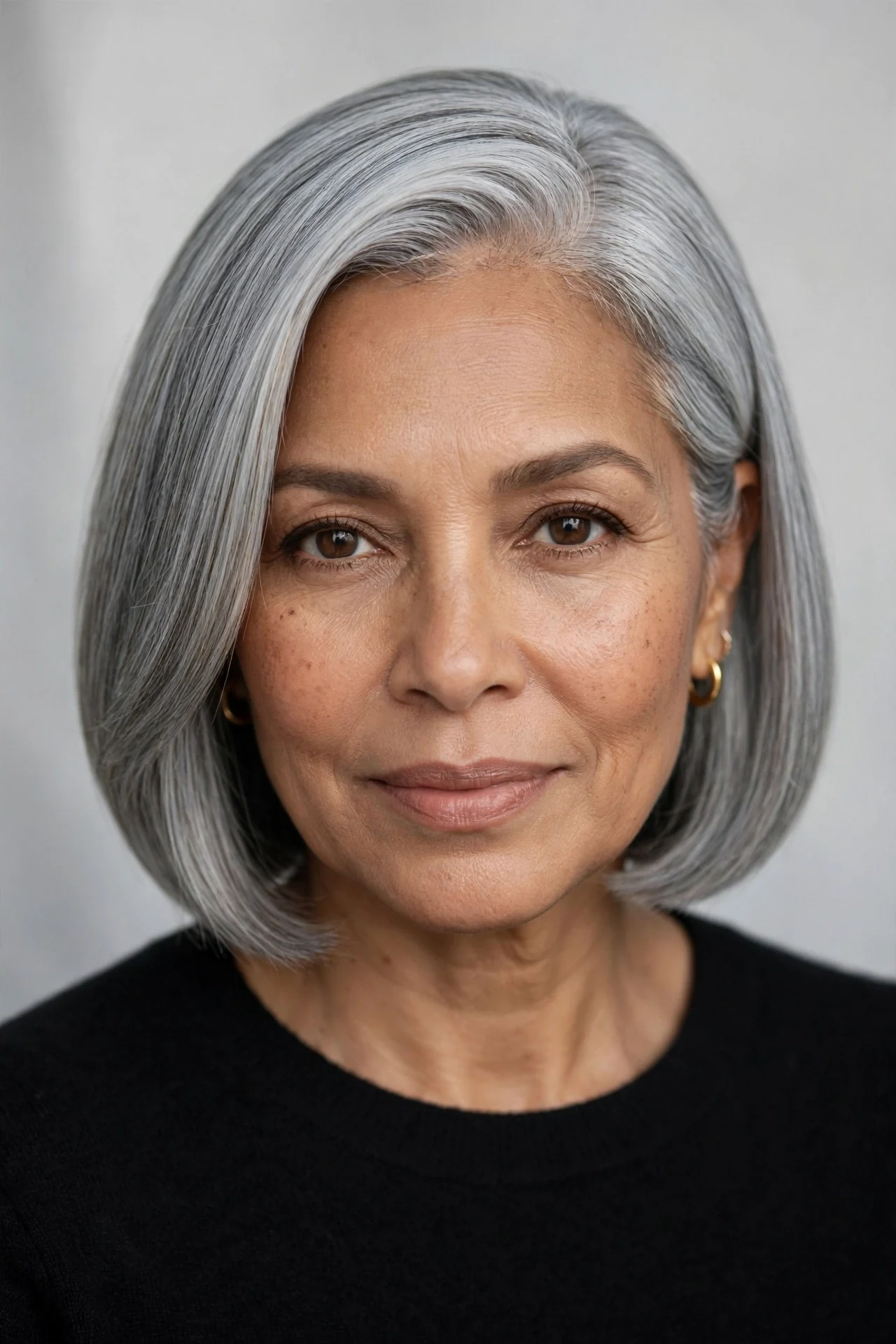 Polished side part french bob straight hair on a middle aged woman