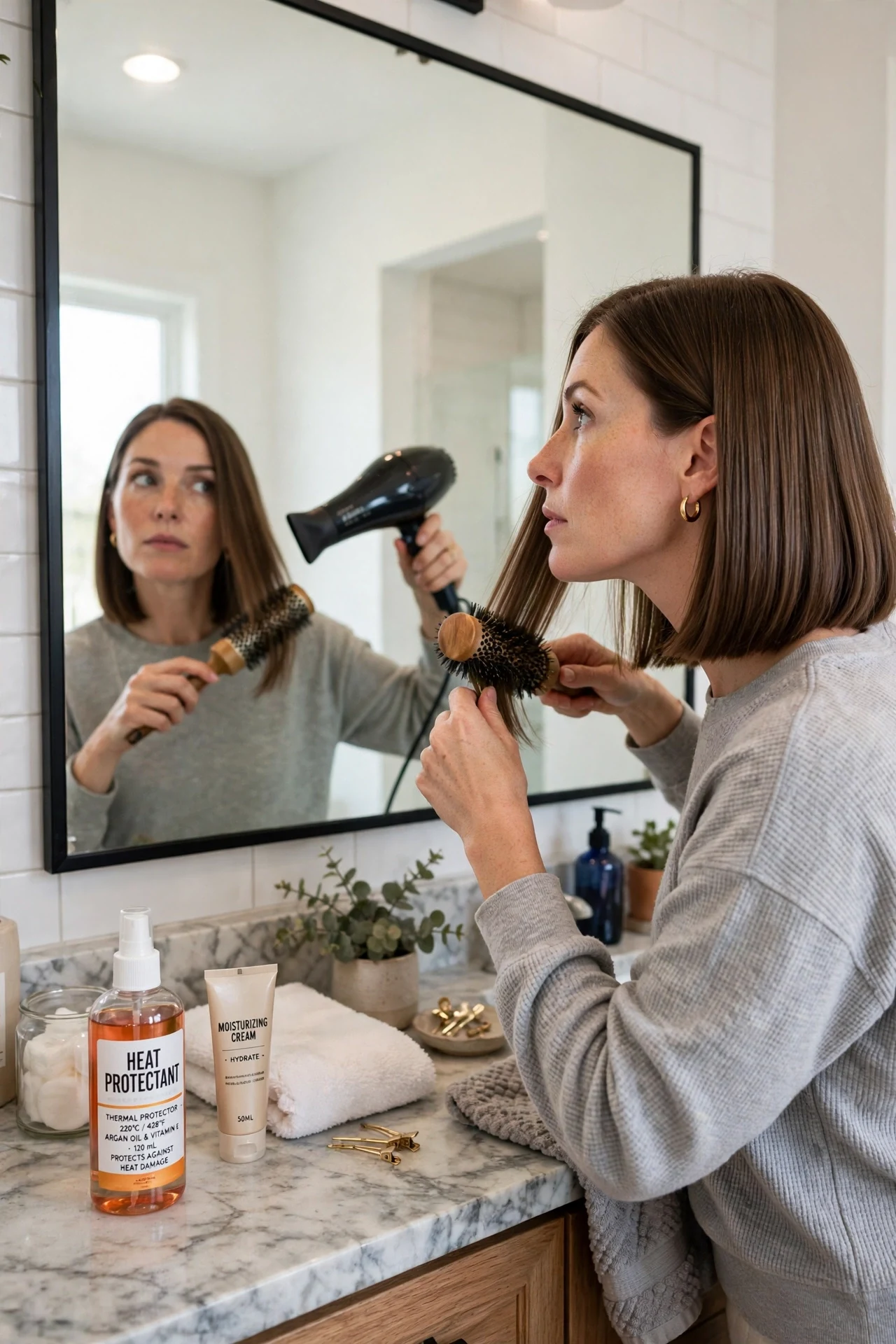 Woman blow drying her straight french bob straight hair with a round brush