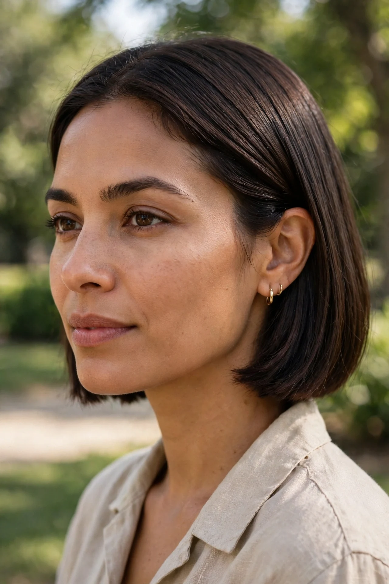 Straight french bob straight hair tucked behind the ears showing jawline