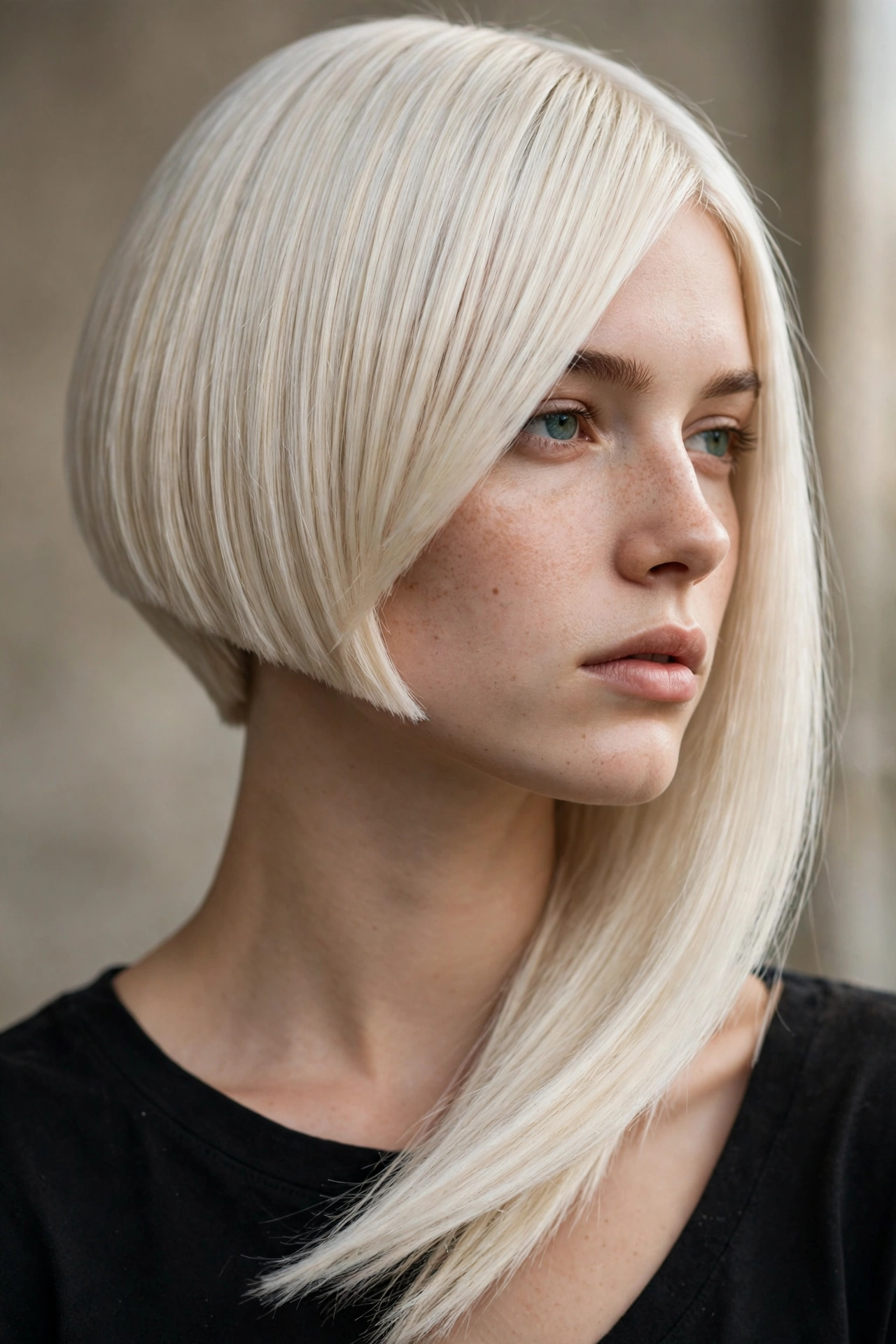 Asymmetric slash sharp bob, longer on one side