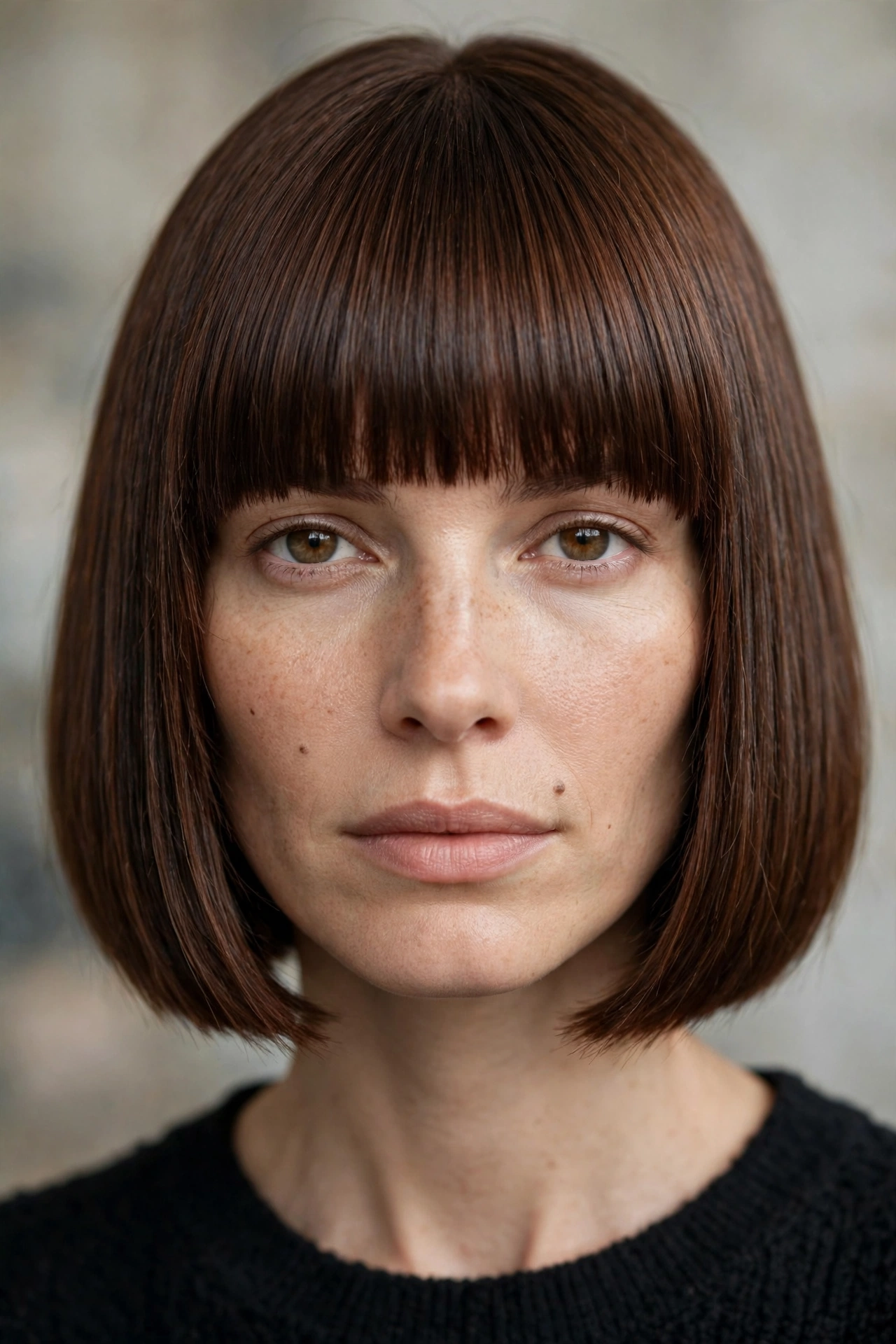 Sharp bob with blunt full bangs, chestnut hair