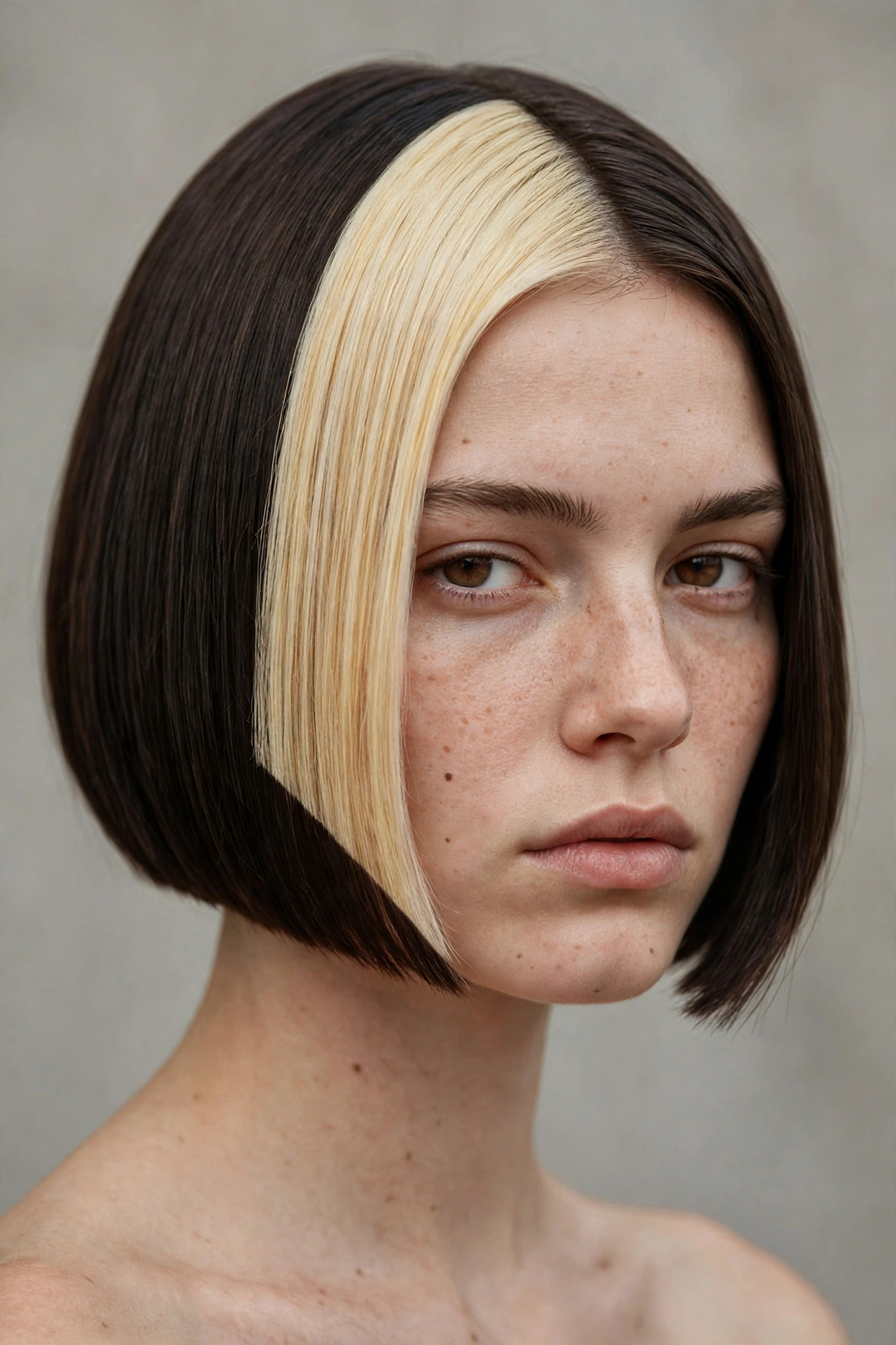 Sharp bob with a bold blonde color block panel