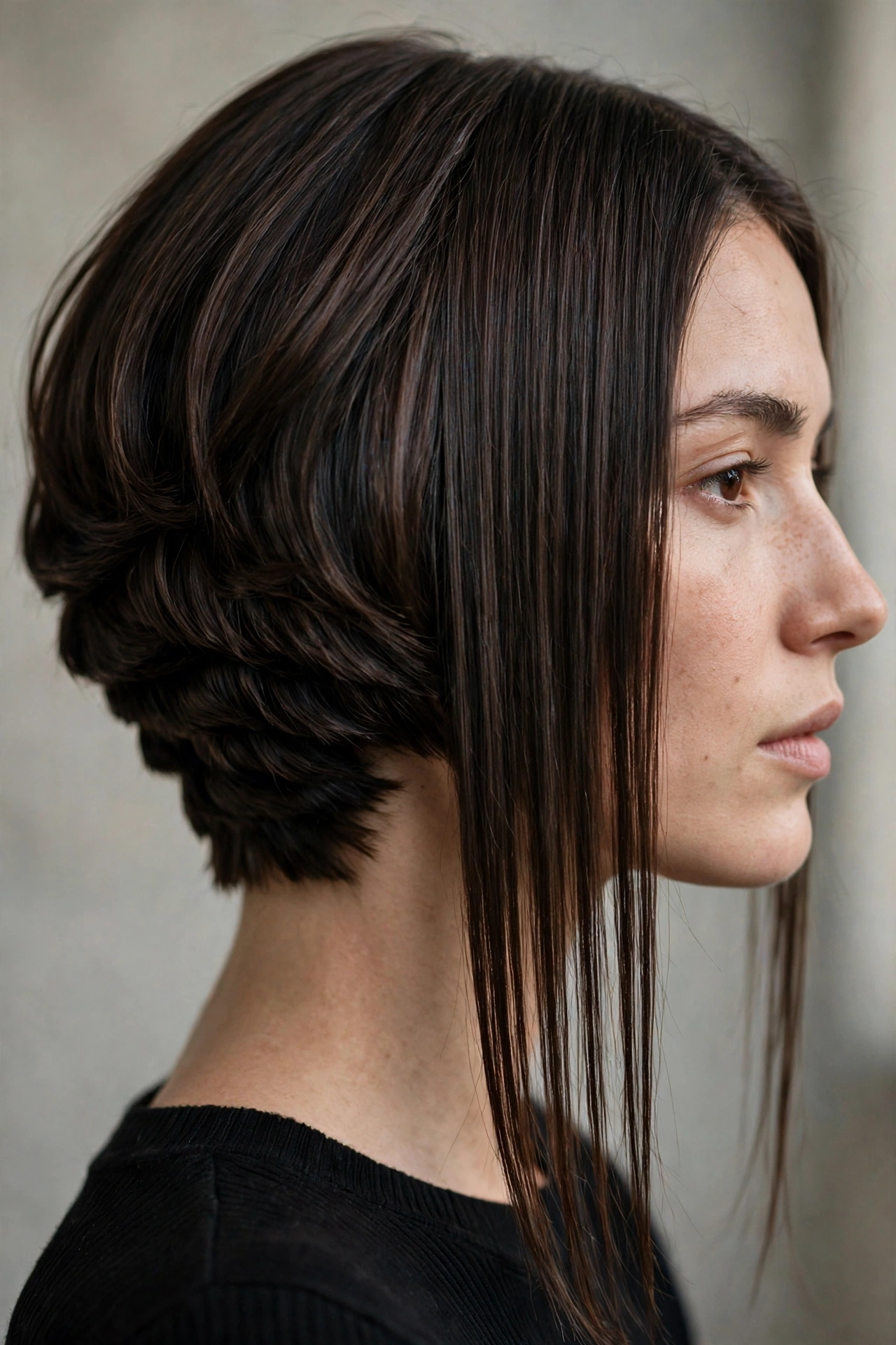 Sharp inverted bob with stacked back and long front