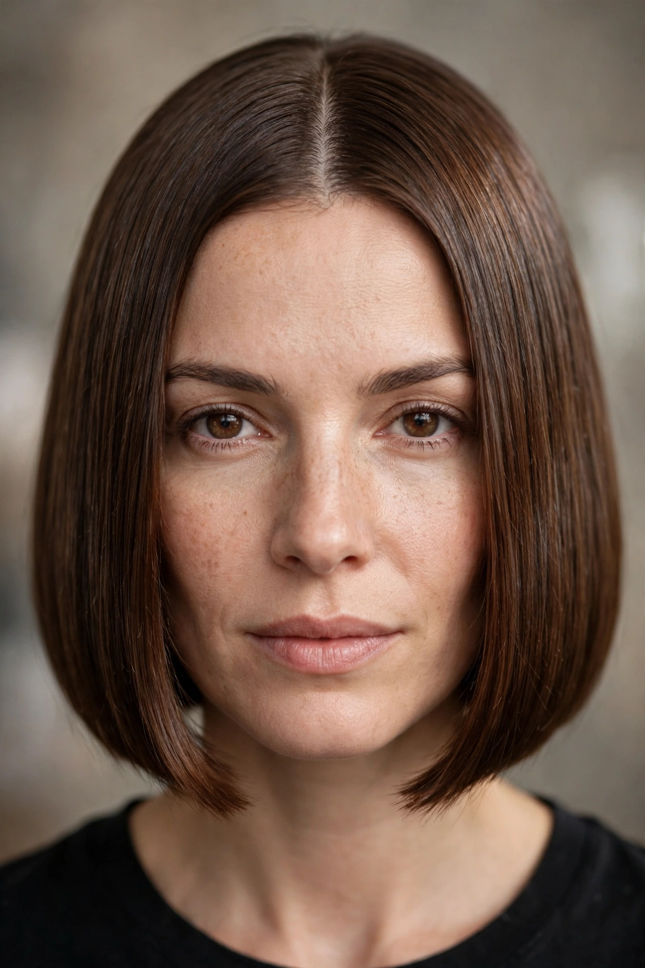 Knife edge sharp bob with a precise center part