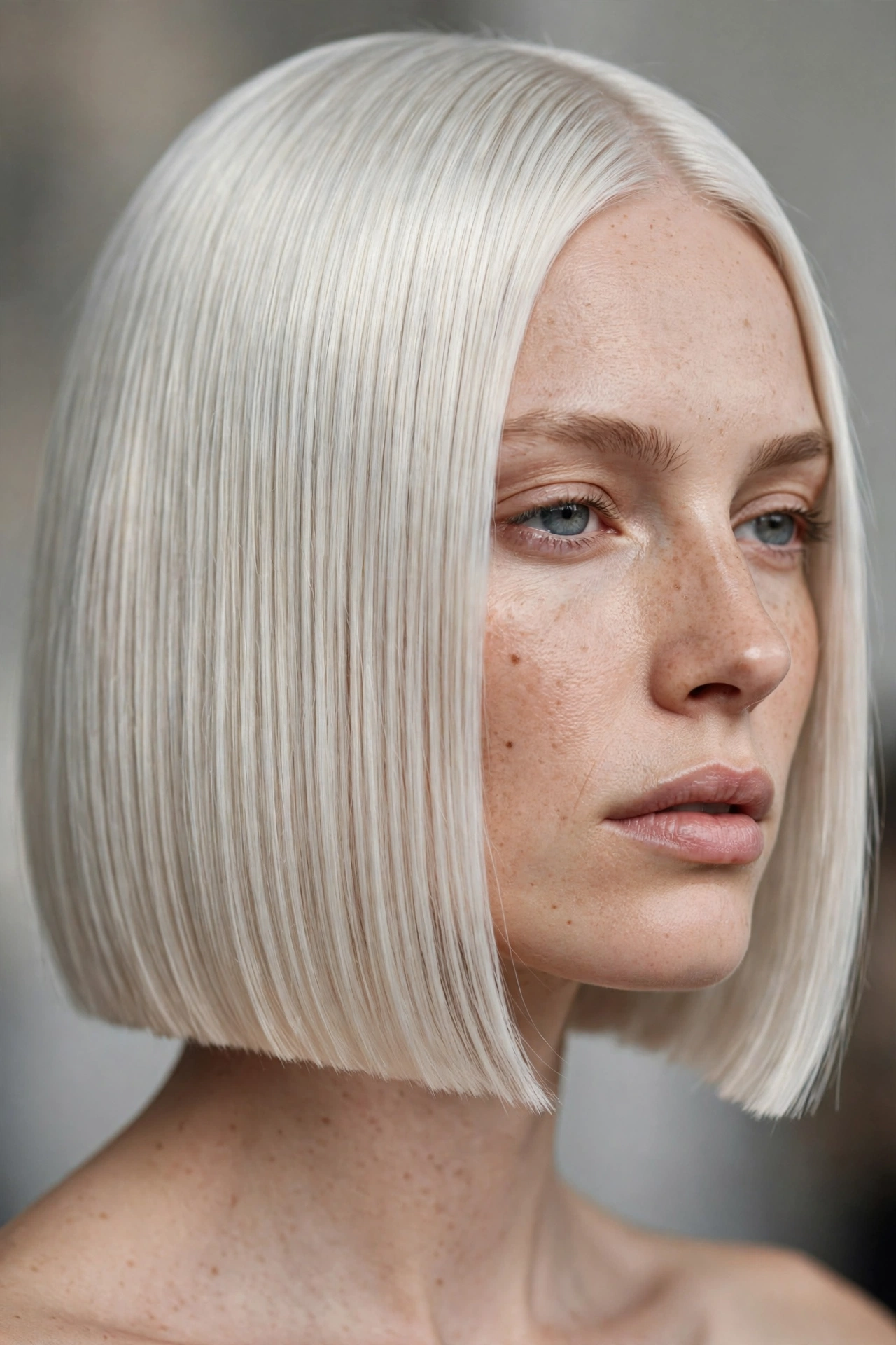 Laser cut platinum sharp bob with glossy finish