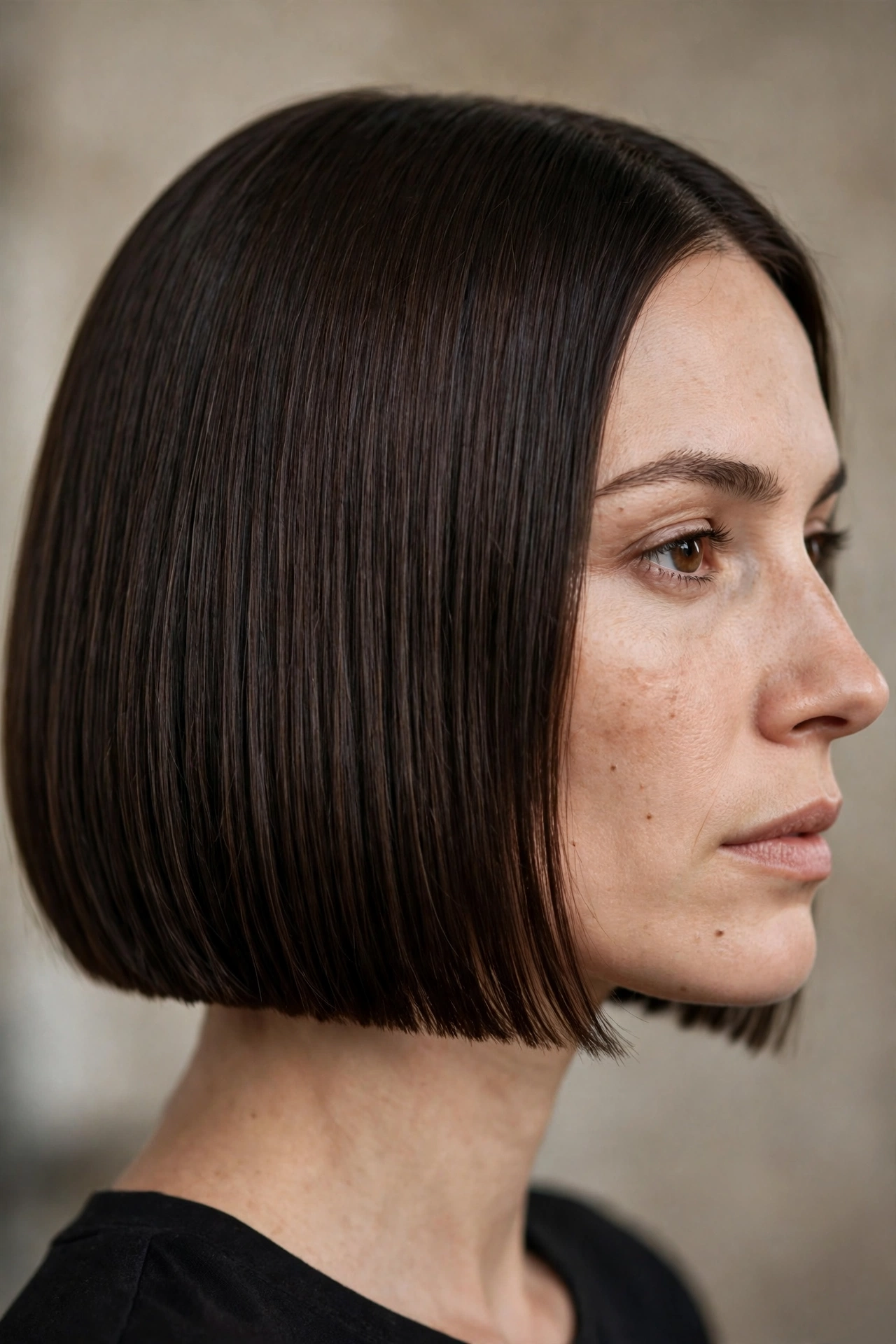 Classic sharp bob with razor straight edges on dark hair