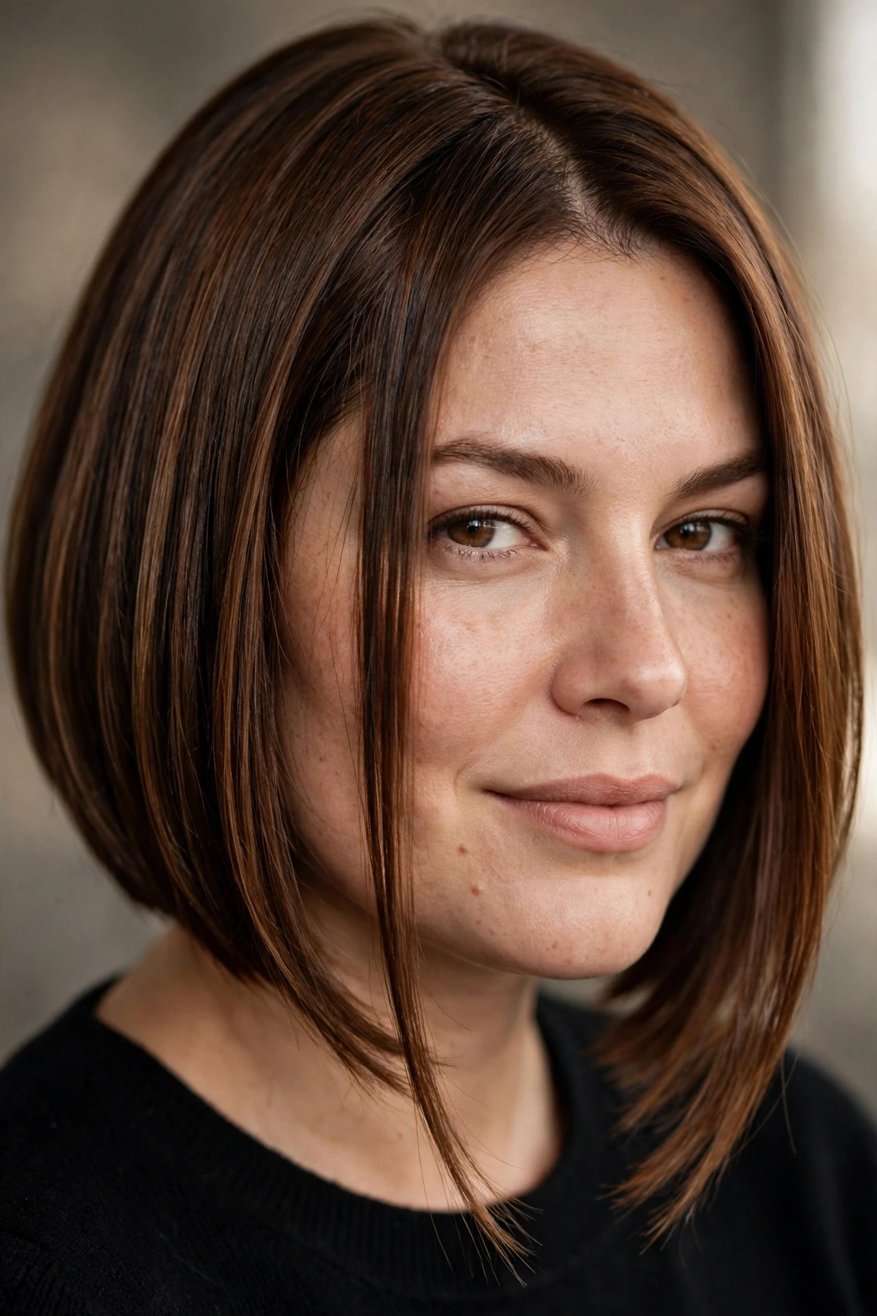 Sharp bob with long front pieces flattering a round face