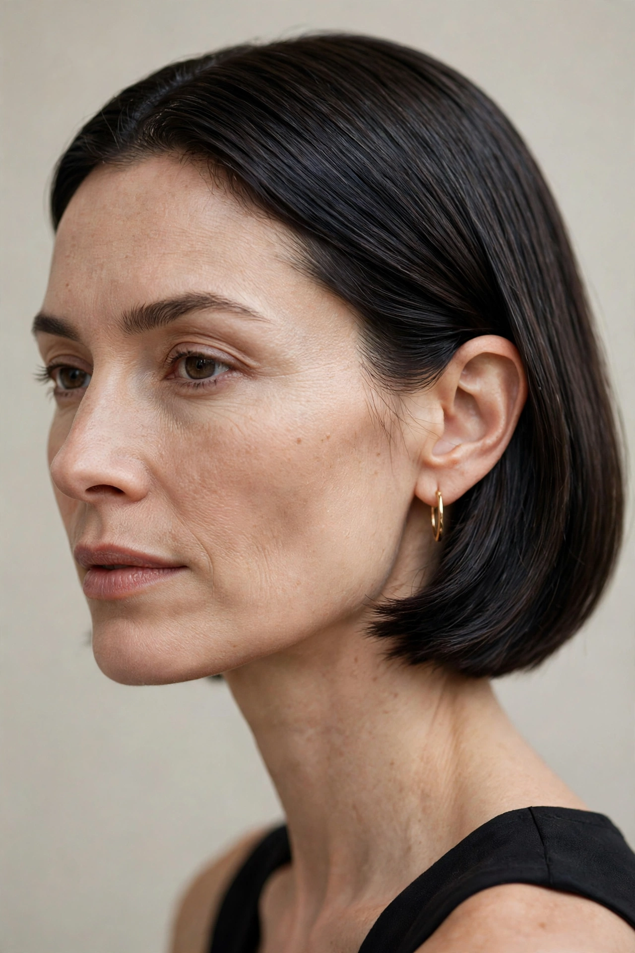 Sleek sharp bob with one side tucked behind the ear