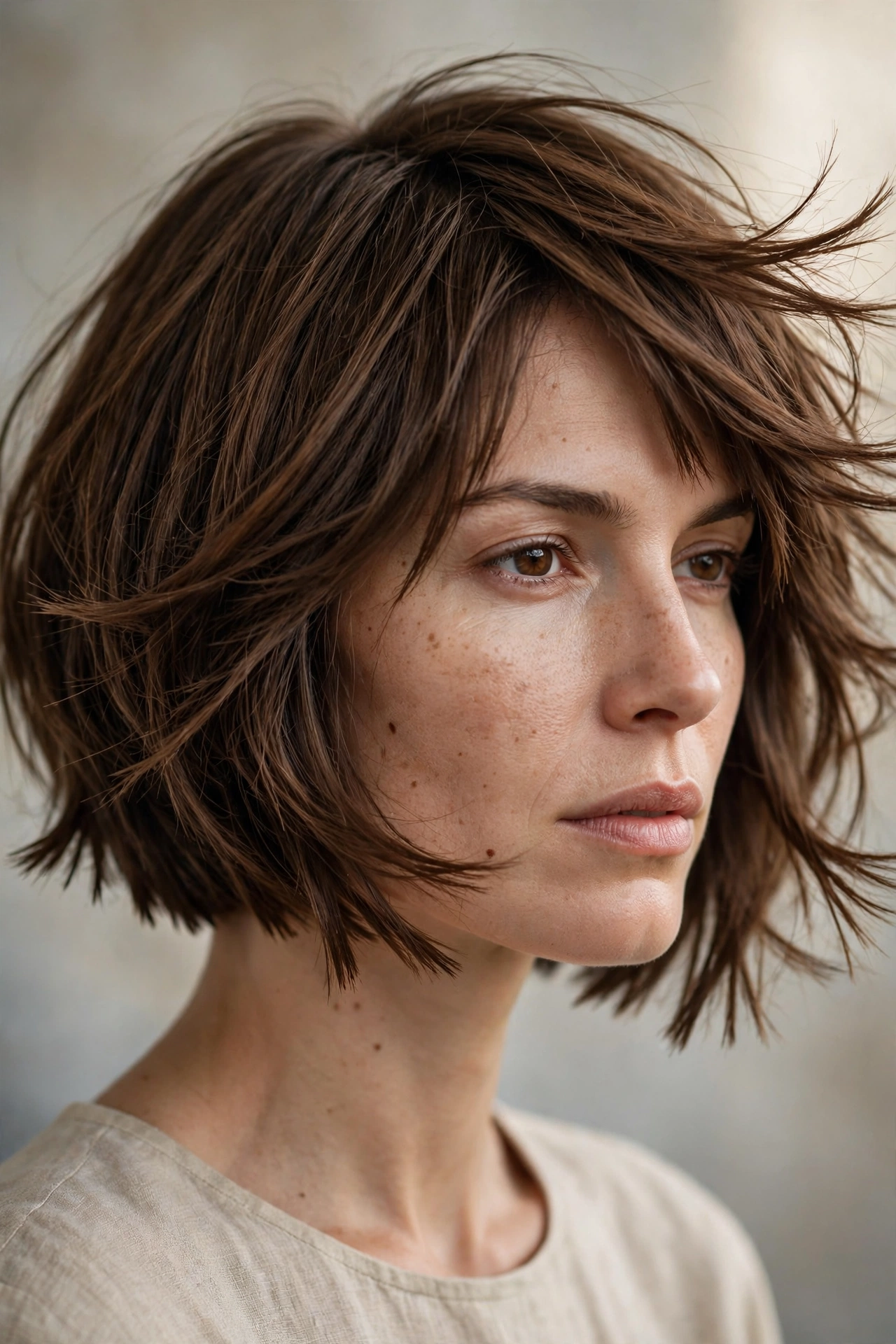 Textured sharp bob with razor cut ends