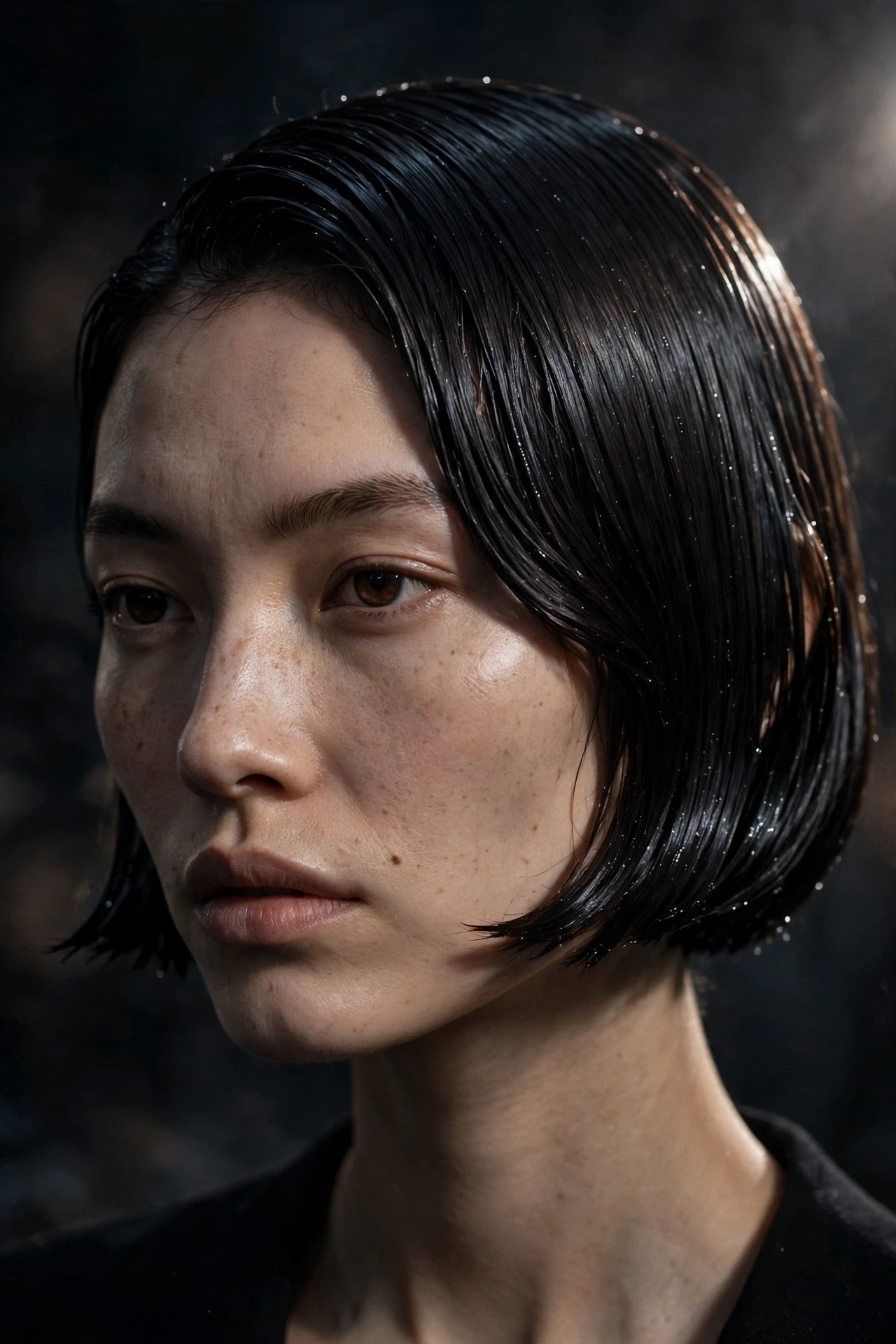 Wet look sculpted sharp bob with glossy finish