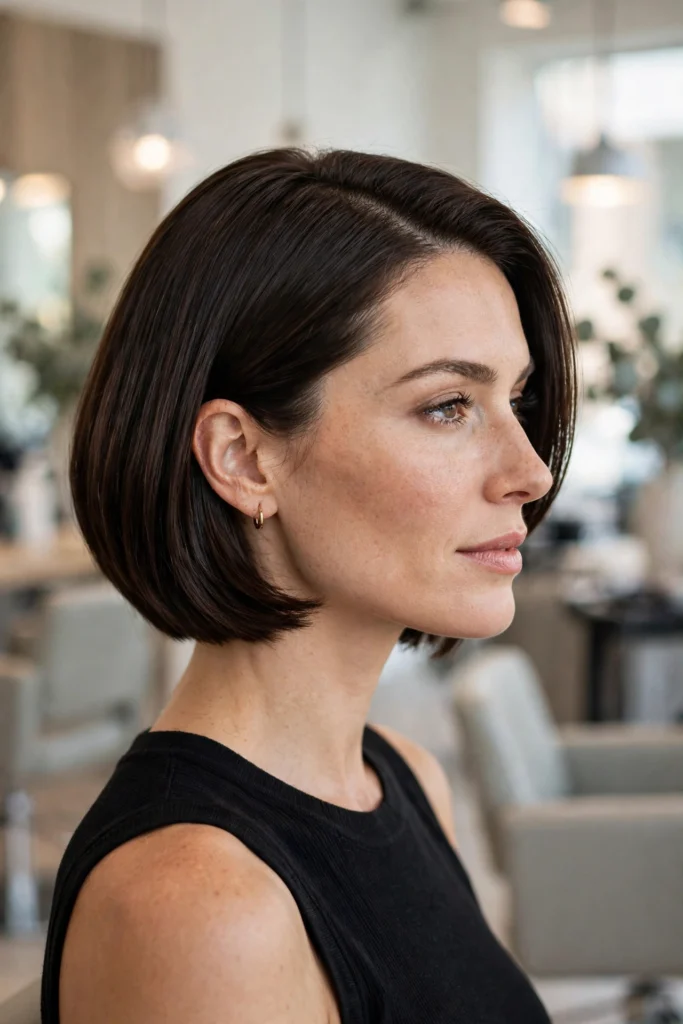 Sleek short bob haircut guide, dark brown chin-length bob side profile