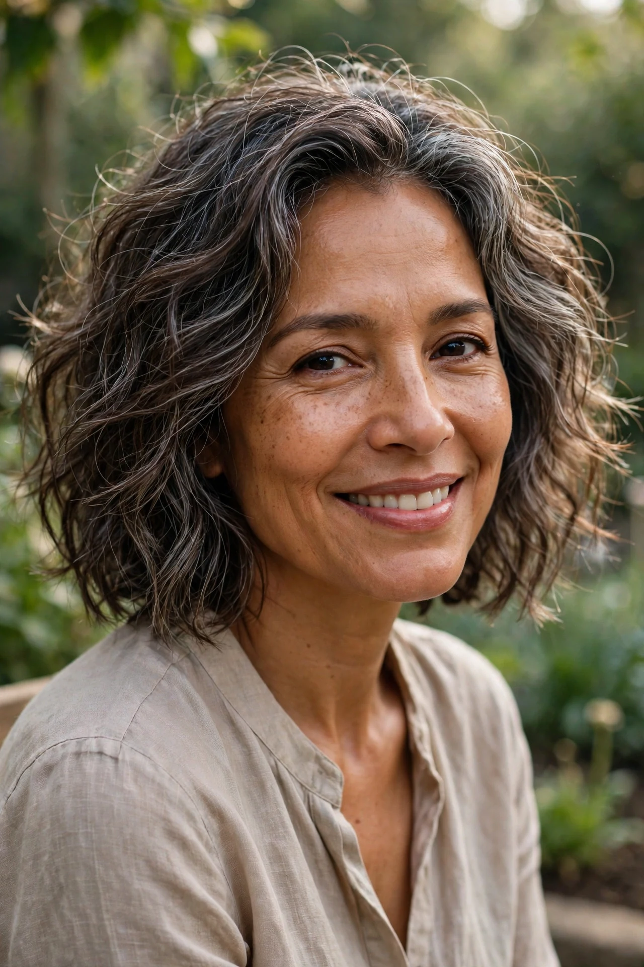 Air-dried everyday wavy bob with natural texture, garden light
