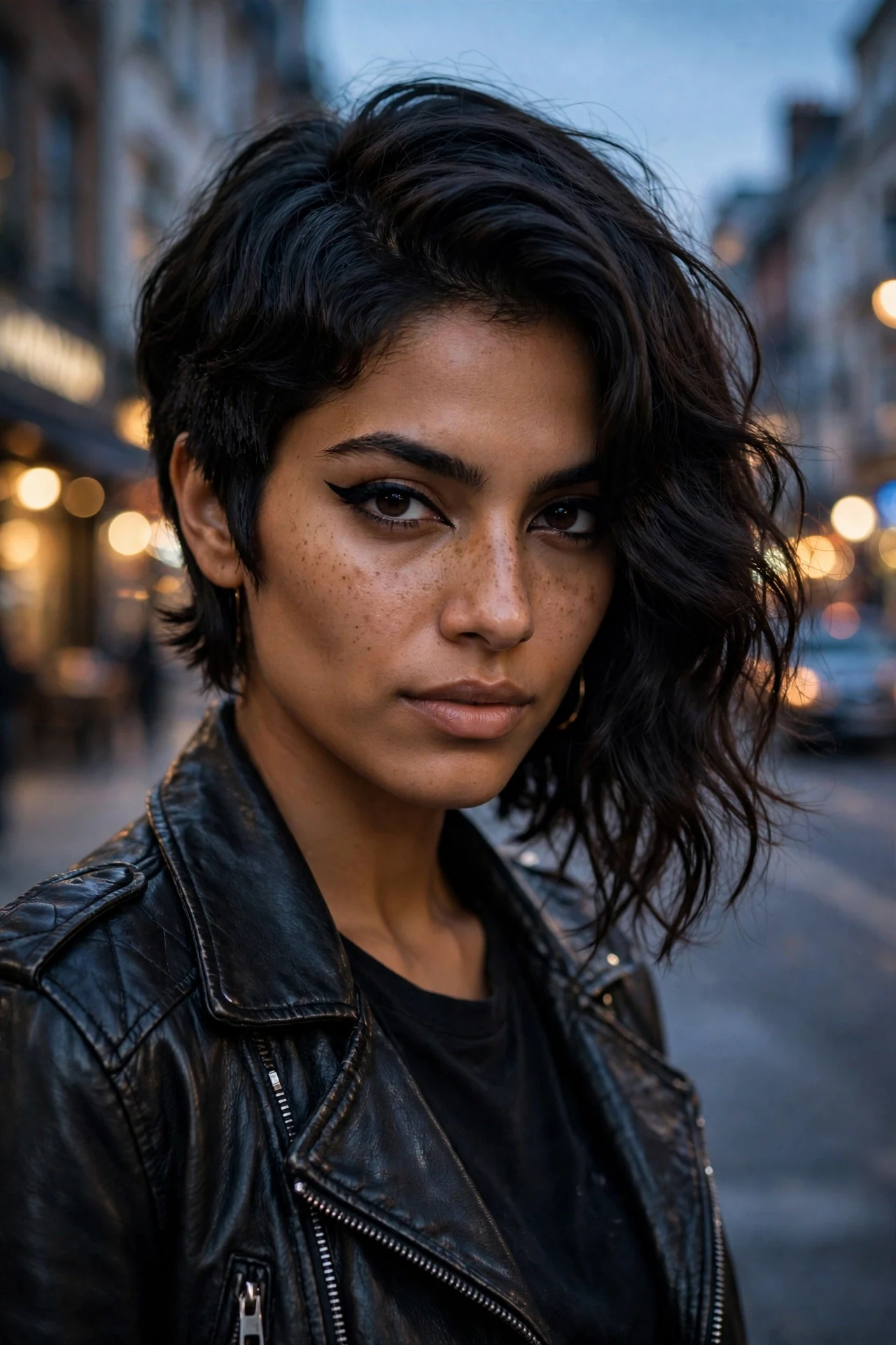 Asymmetrical wavy bob with one side longer, edgy dark waves on a South Asian woman