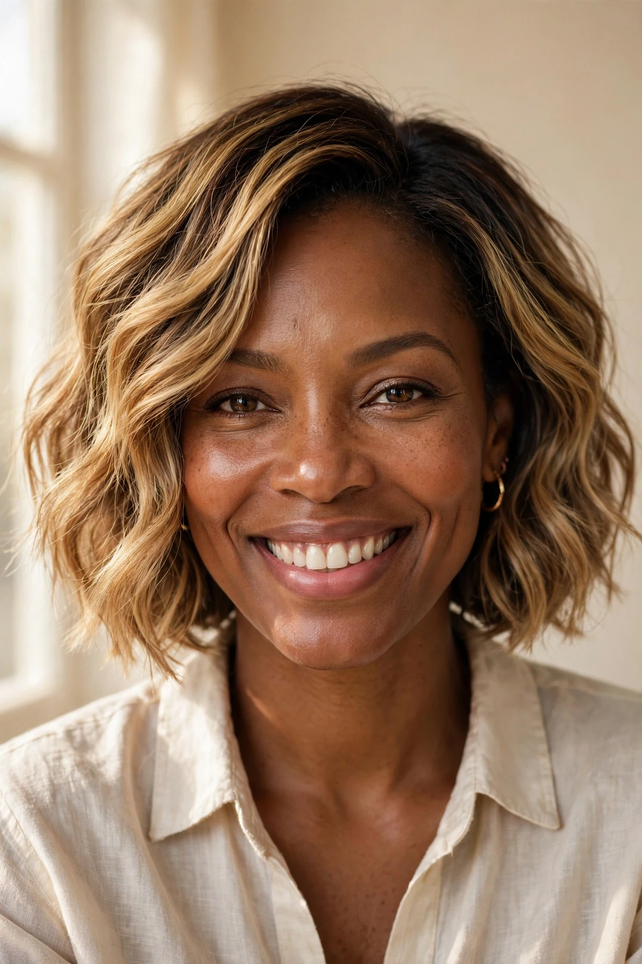 Wavy bob with honey blonde balayage melting from dark roots on a Black woman