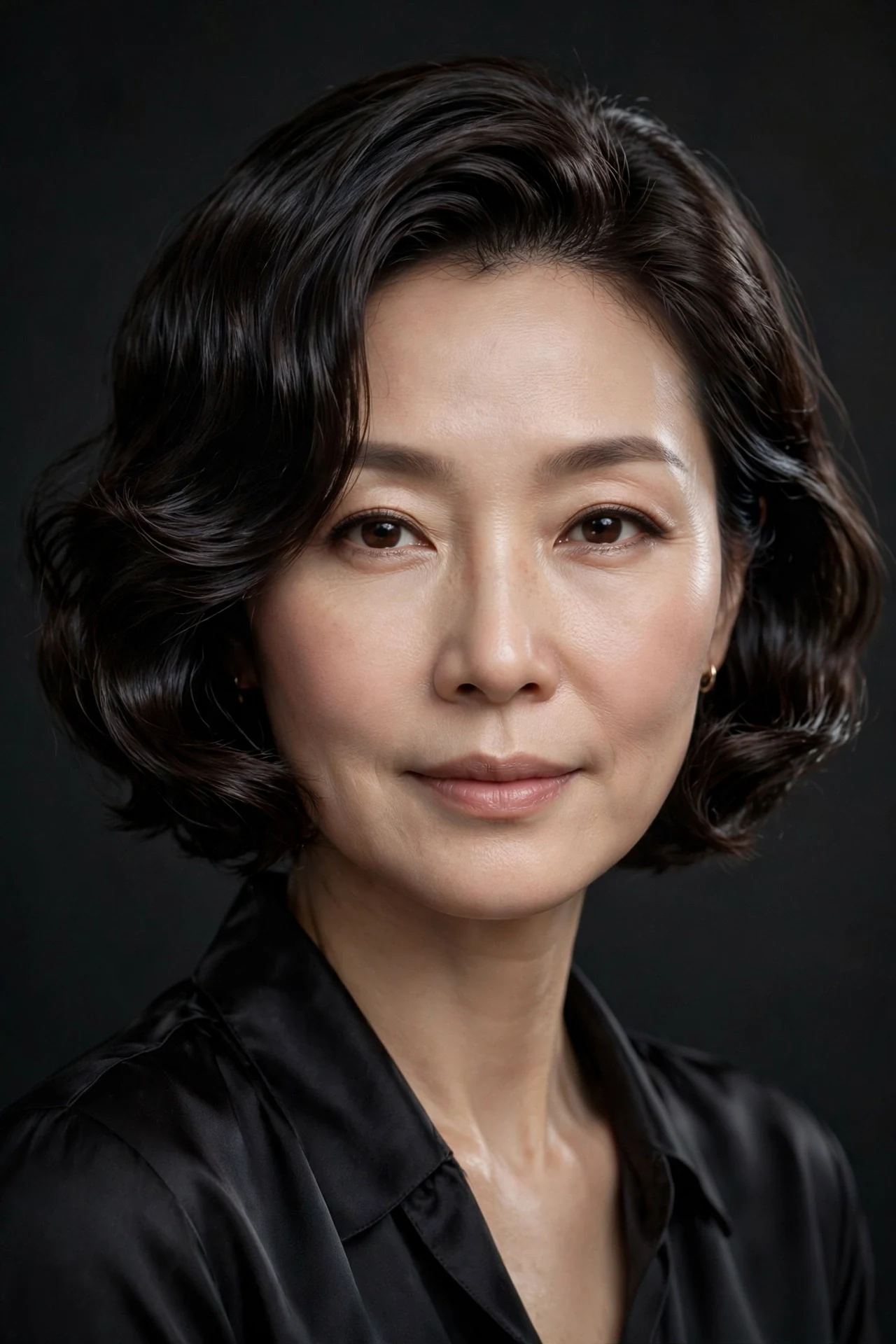 Glossy dark brunette wavy bob with glass-like shine, sculpted waves