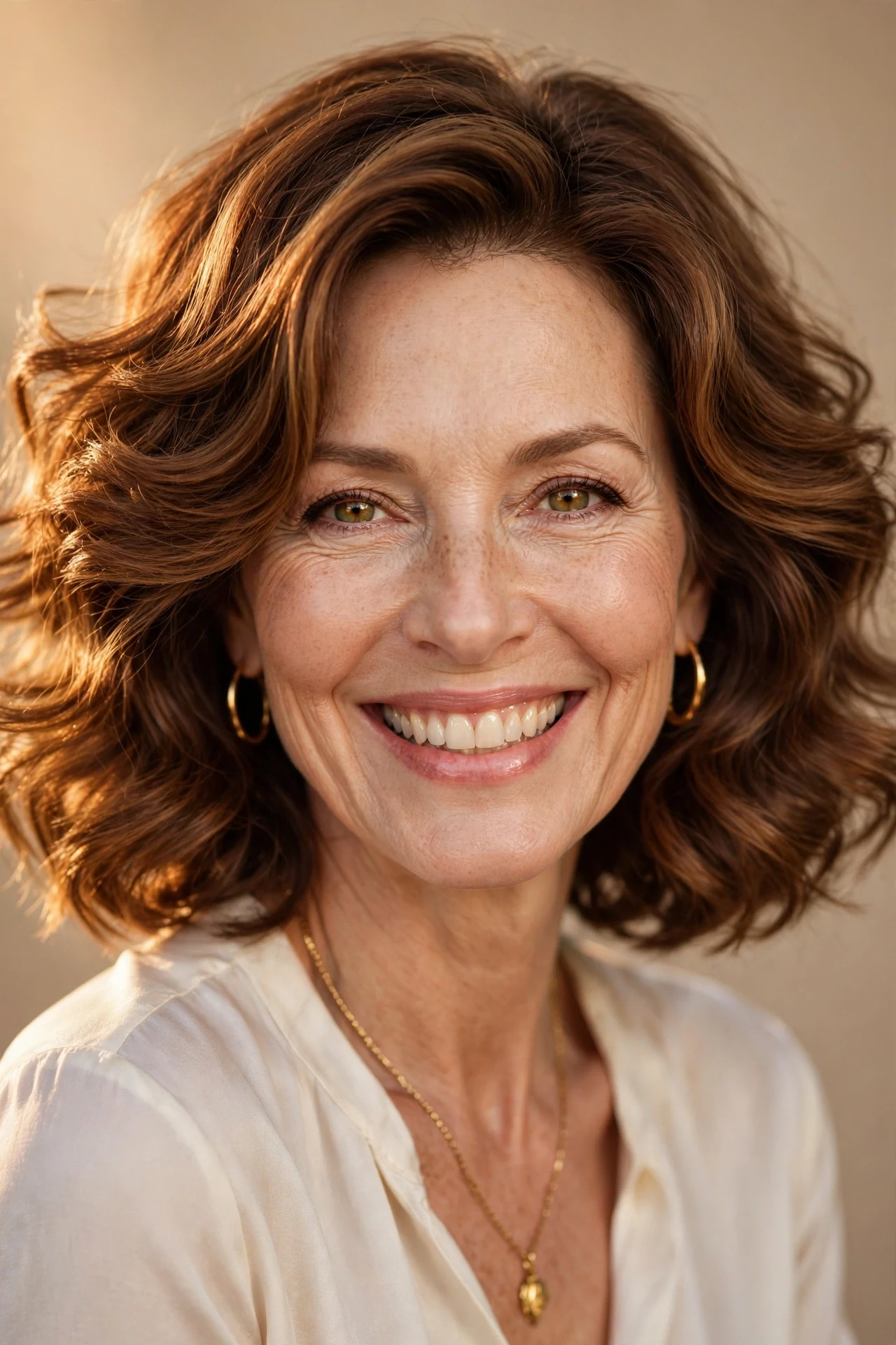 Butterfly layered wavy bob in warm chestnut with face-framing waves