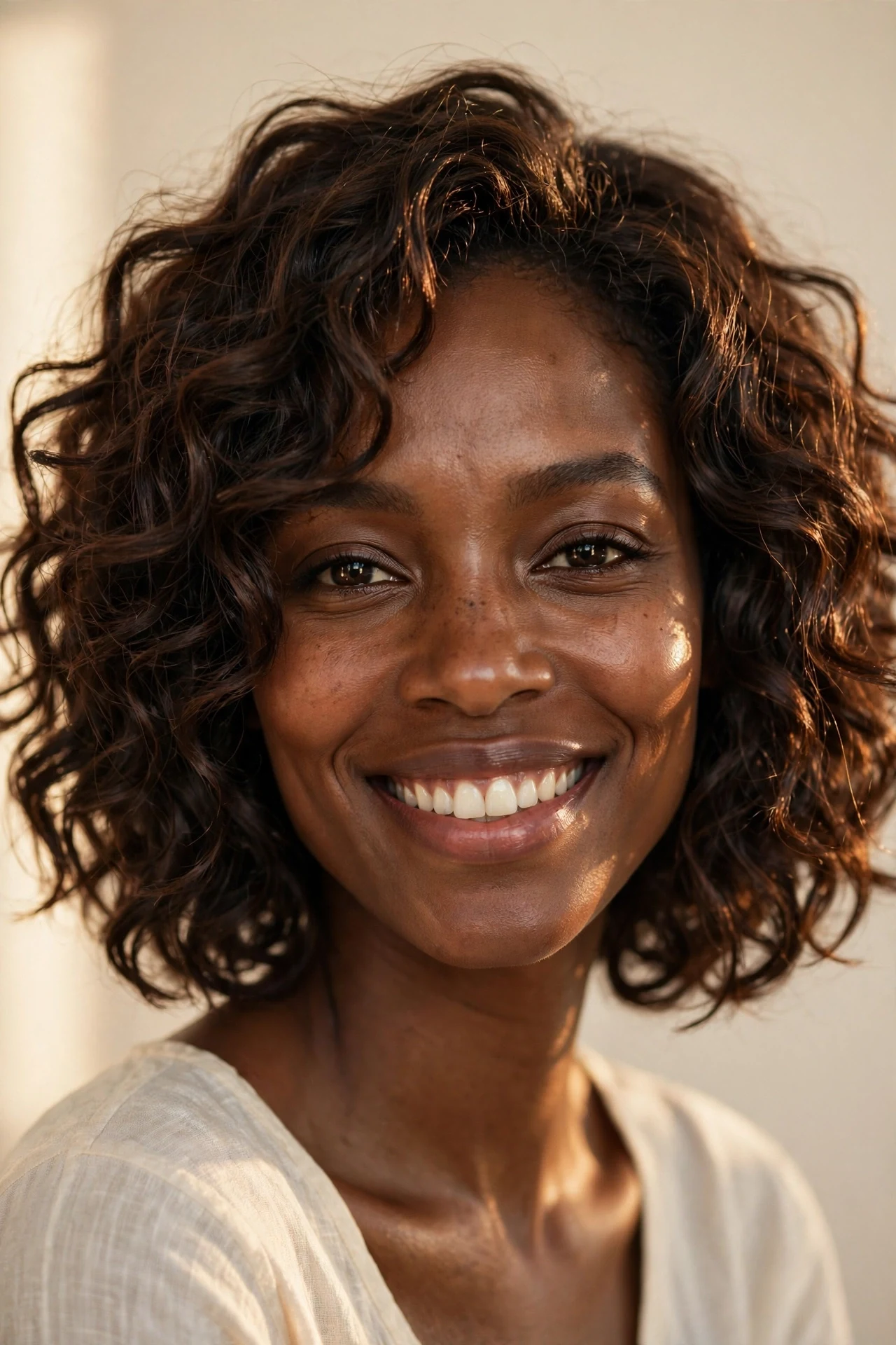 Chin-length curly wavy bob with defined bouncy curls on a smiling Black woman