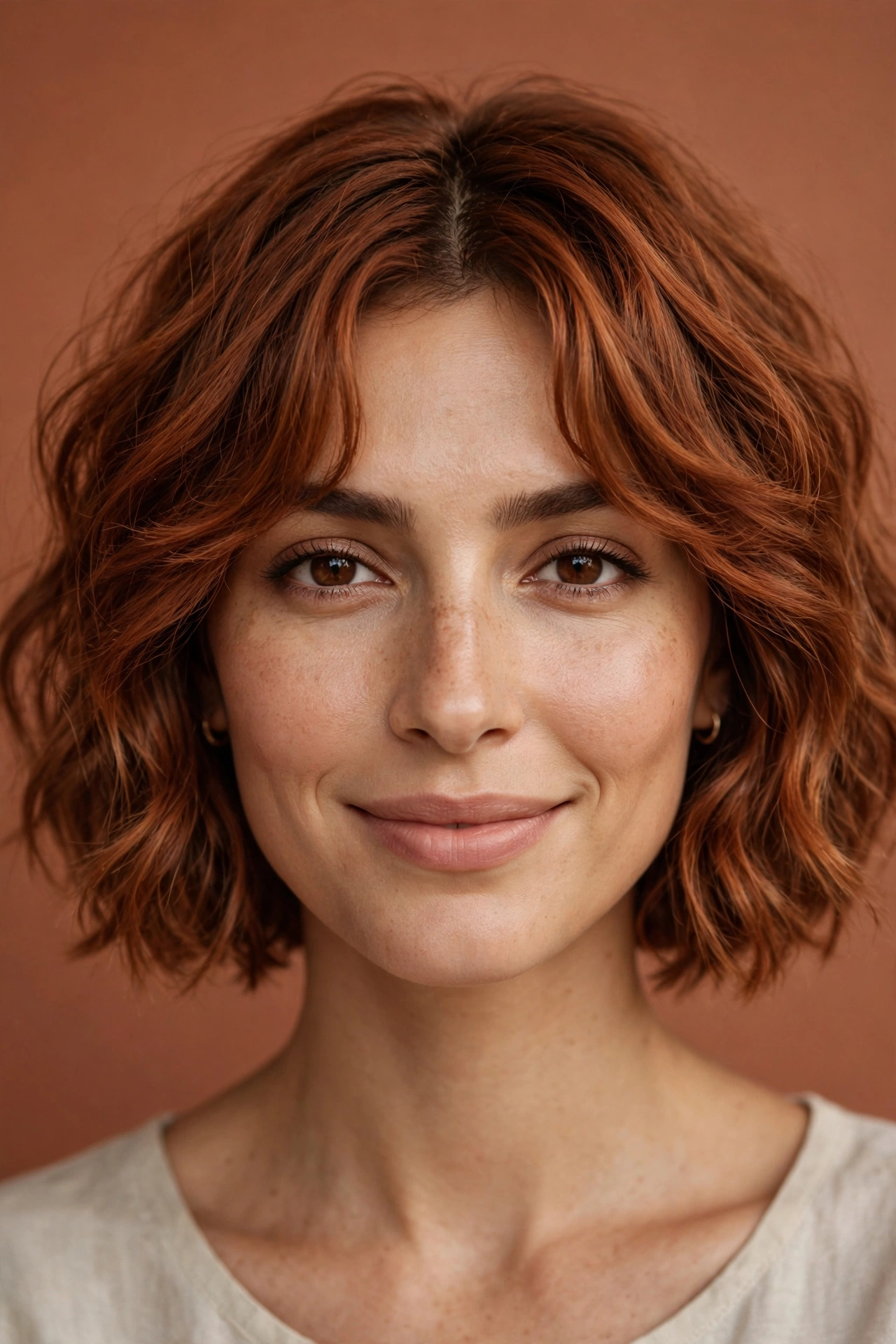 Wavy bob with soft curtain bangs in warm auburn on a Middle Eastern woman