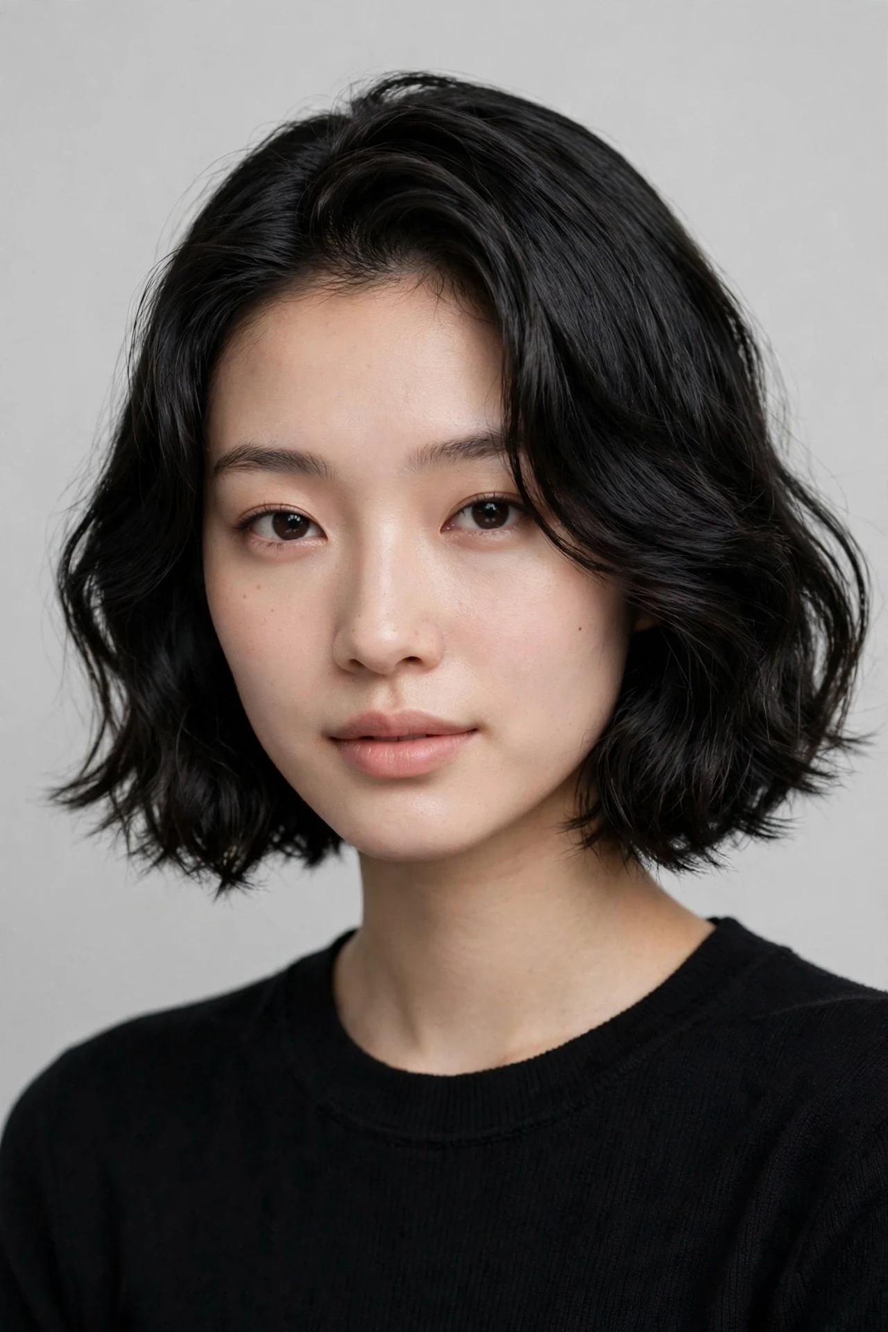 Short wavy bob with deep side part in glossy black hair on an East Asian woman