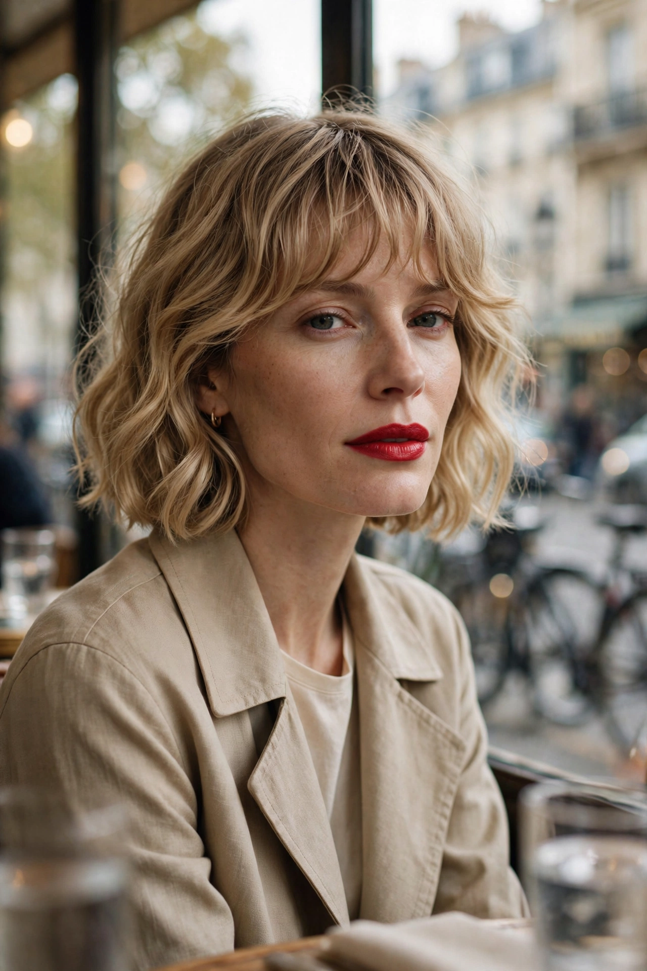 French girl wavy bob in honey blonde with airy bangs, Paris cafe setting