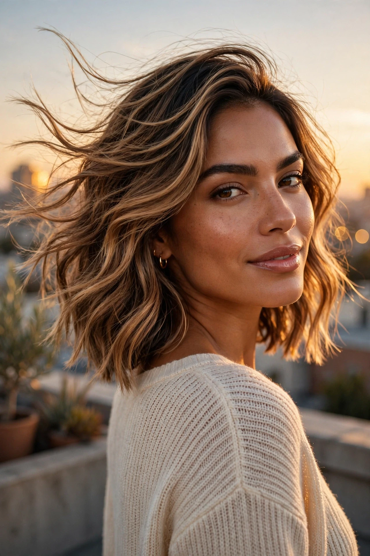 Sun-kissed beachy short bobs for wavy hair on a Latina model at golden hour, wind in her hair
