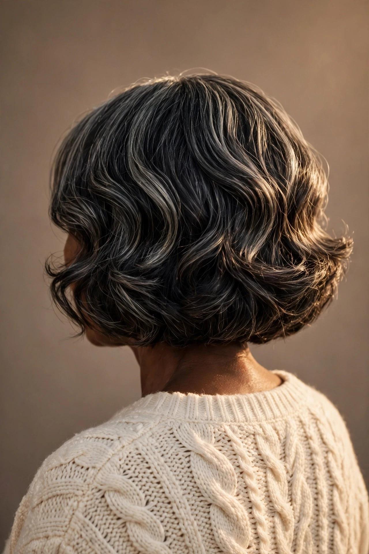 Layered rounded wavy bob with silver streaks, back view showing the silhouette