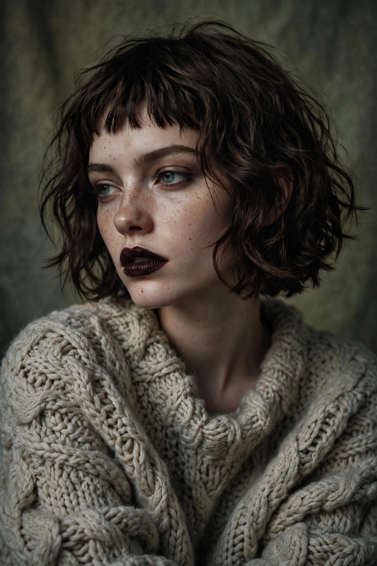 Short wavy bob with tiny micro bangs in dark chocolate waves, moody portrait