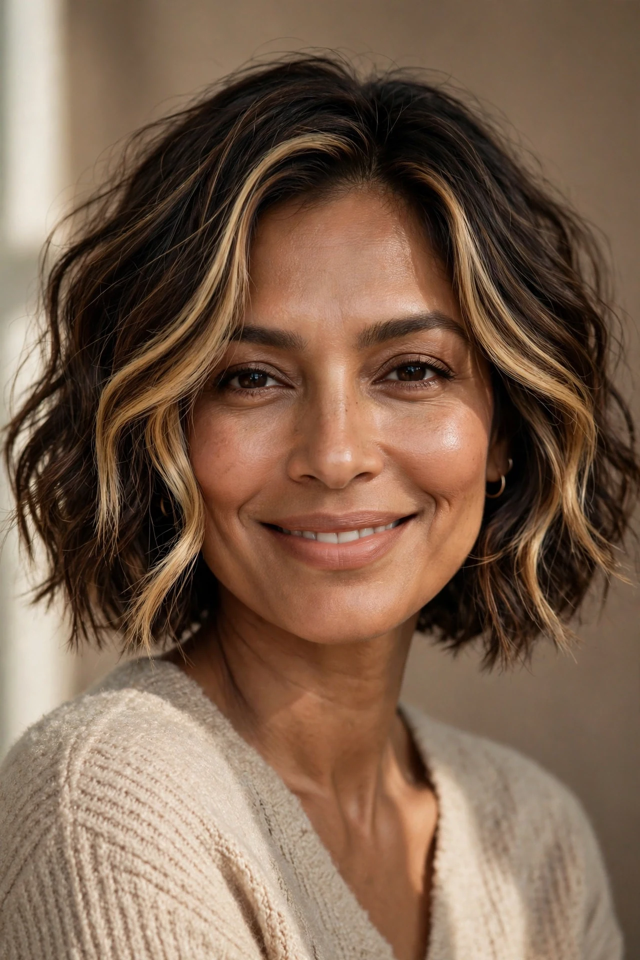 Wavy bob with caramel money-piece highlights framing the face