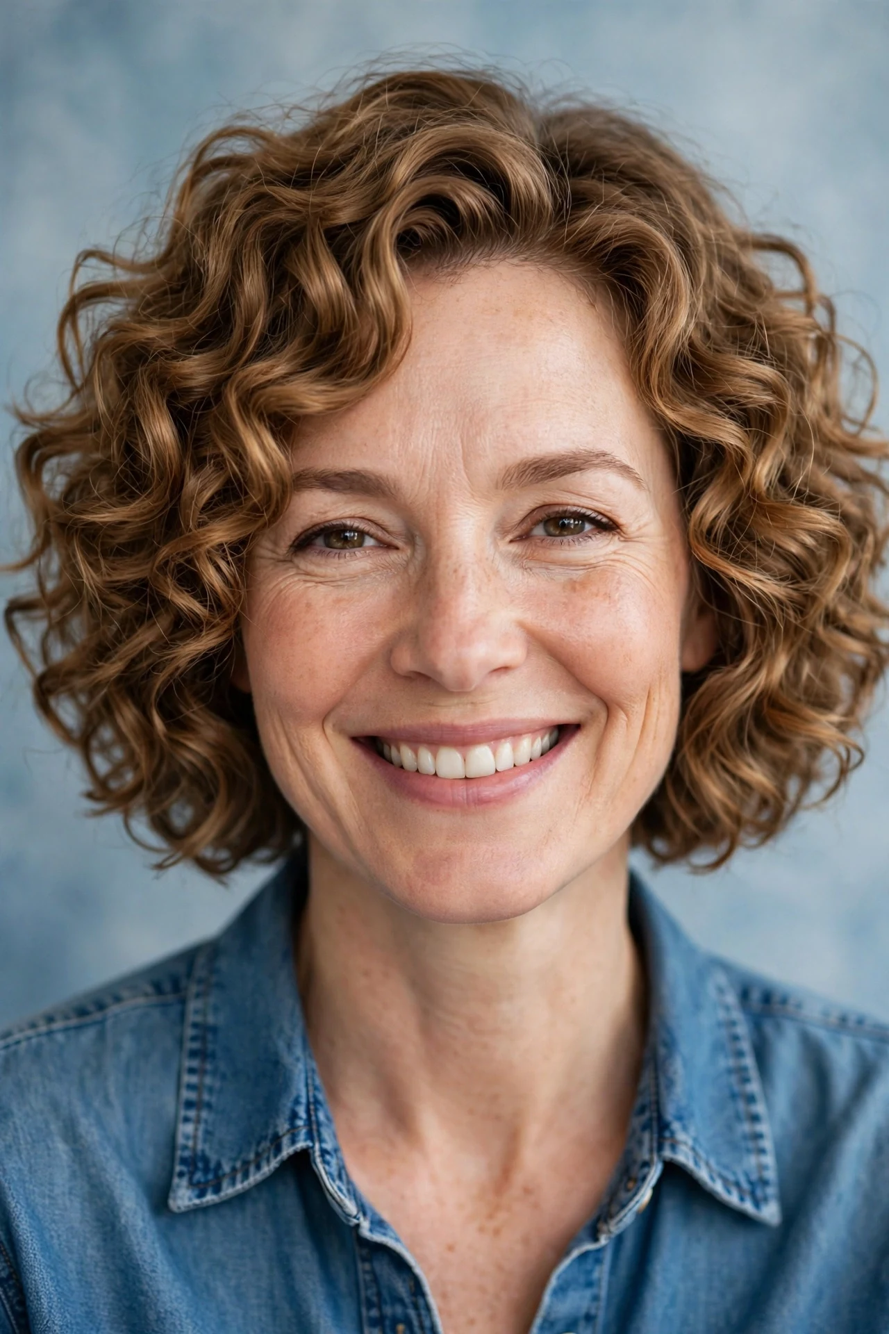 Permed texture wavy bob with springy salon-permed honey brown waves